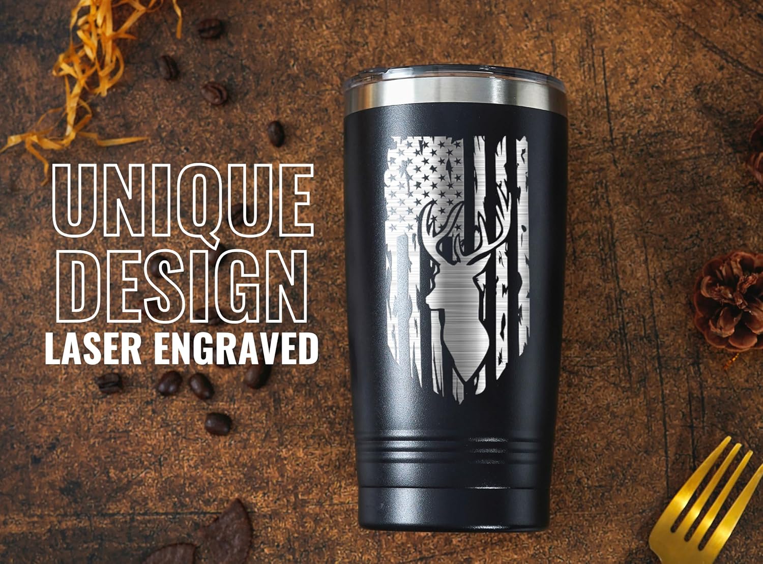 Onebttl Hunting Gifts for Men, Father's Day Gifts for Hunter Dad, Grandpa, 20oz Stainless Steel Tumbler, Spill-Proof Lid & Straw Included, Black - Laser Engraved Flag & Deer - Image 2
