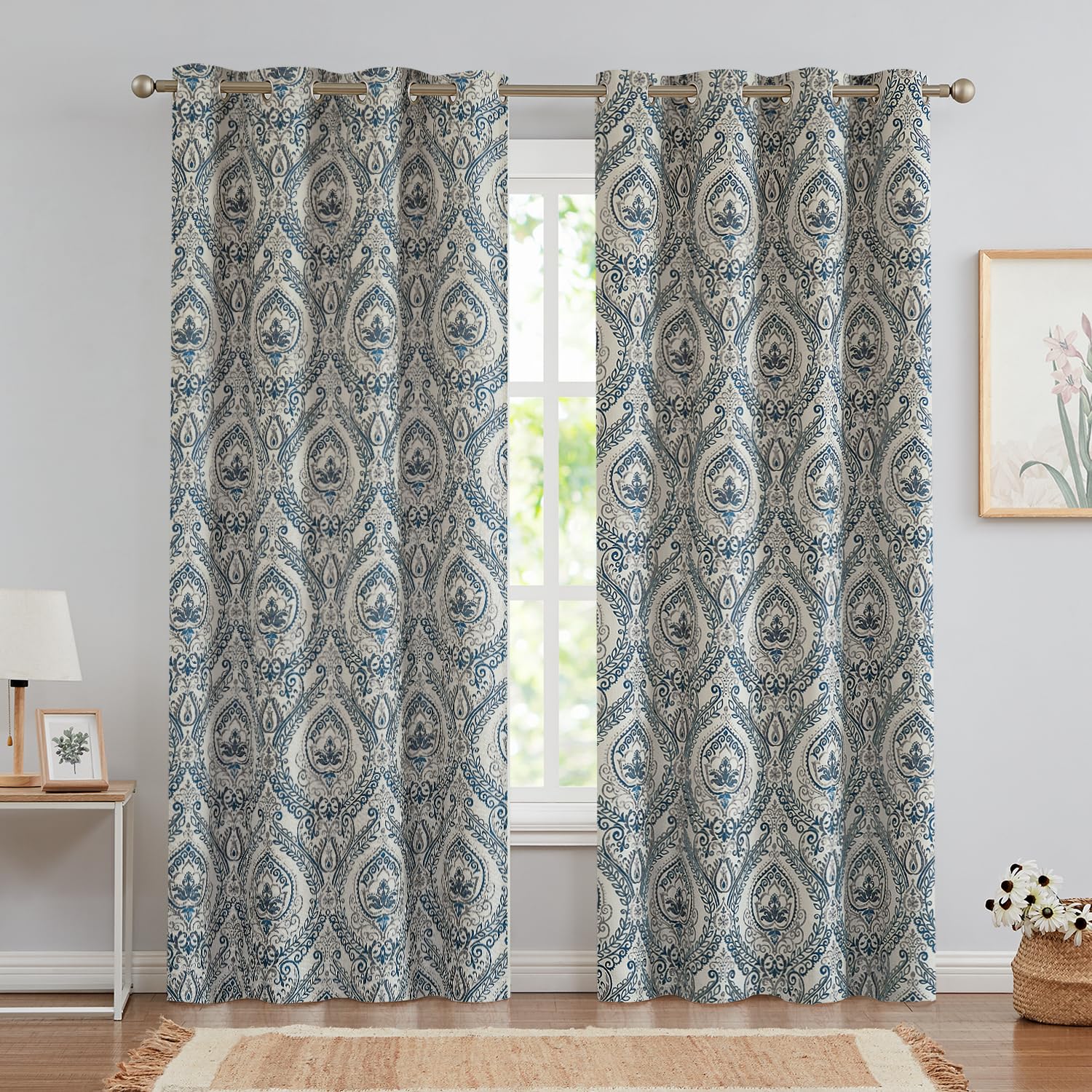Vangao Lot de 2 Rideaux occultants damassés à imprimé Cachemire Bleu pour Chambre à Coucher et Salon, Rideaux Vintage texturés en Lin, 243,8 cm, Bleu sur Beige