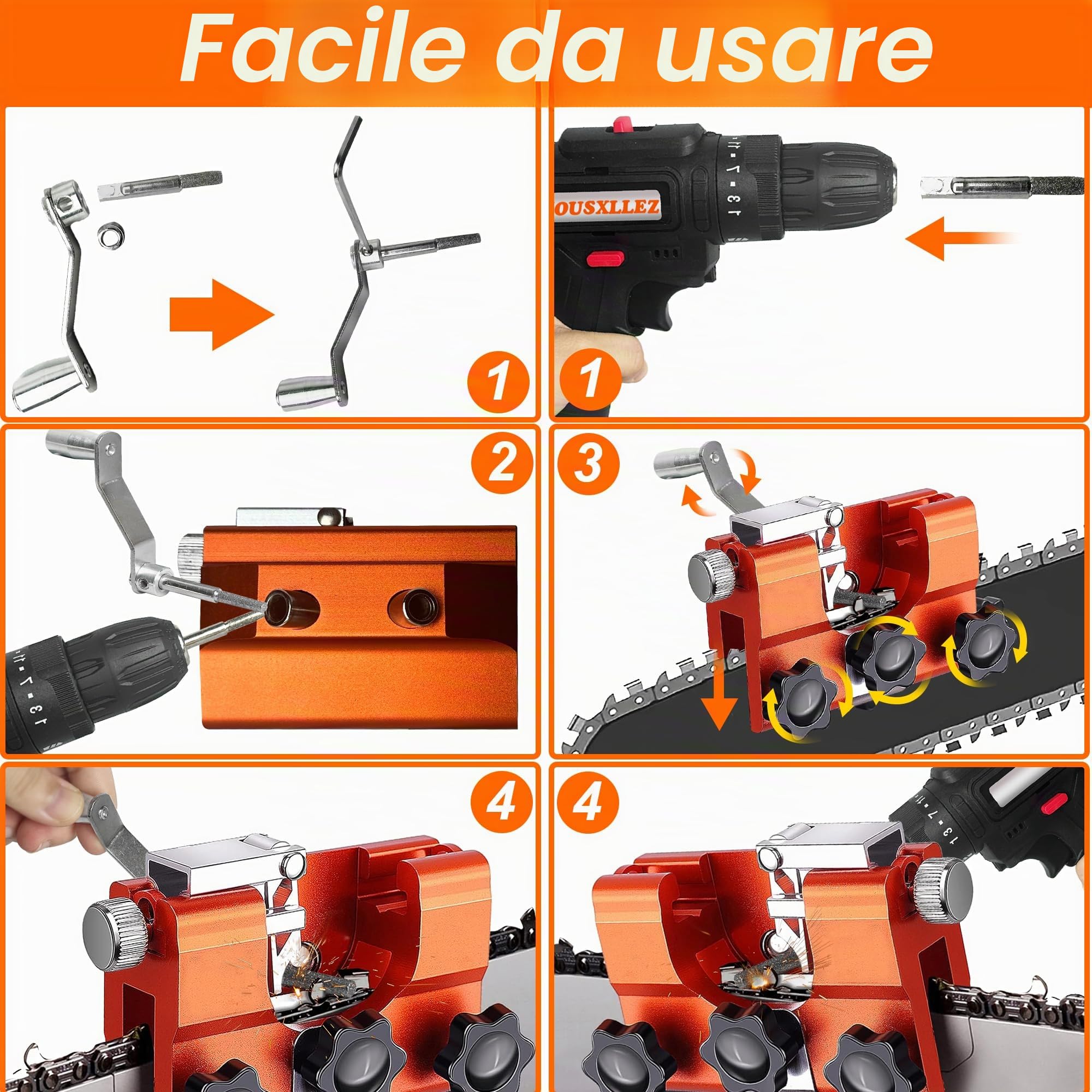 Affila Catena Motosega,Lima per Motosega,Kit Affilatura Catena Motosega con 5Pcs carburo di tungsteno,Sega a catena affilatrice strumento, 4 "-22" seghe a catena (arancione)