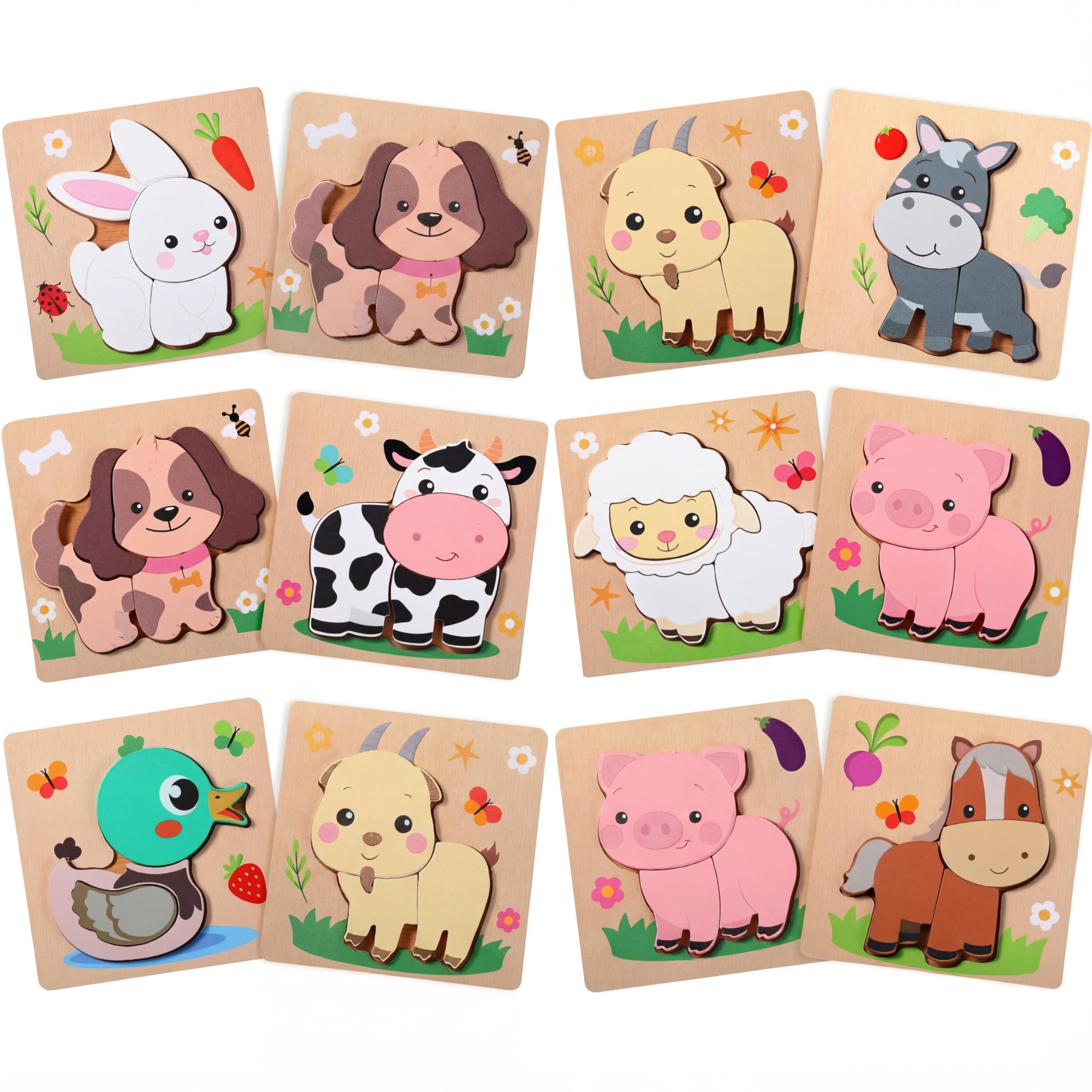 Capoda 12 Pack Farm Animal Wooden Puzzles Wood Farm Jigsaw for Toddlers Featuring Cow, Sheep, Pig and More Montessori Preschool Learning Games for