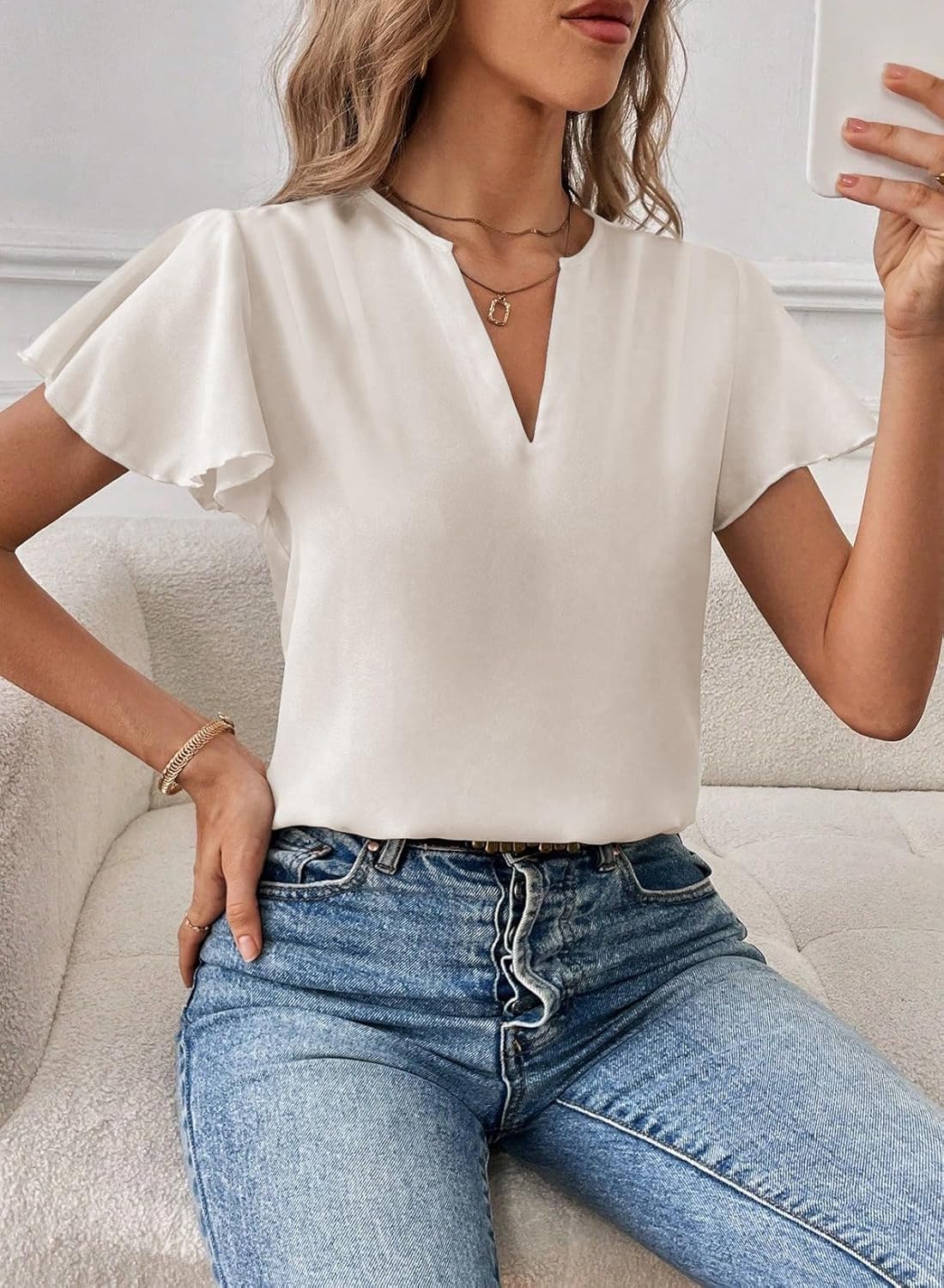 EVALESS Blouses for Women Dressy Casual Summer Ruffle Short Sleeve V Neck Work Tops Busines Office Shirts - Image 2