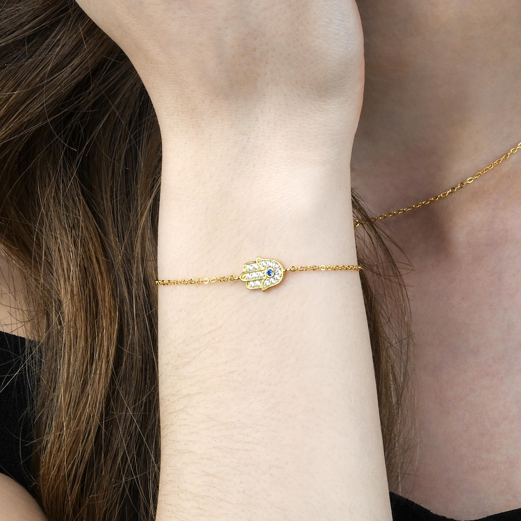 Diamond Treats Bracciale da donna in argento 925 a mano di Fatma, bracciale Khamsa con pietre in zirconia, per donna e ragazza, bracciale da donna argento, oro giallo o oro rosa