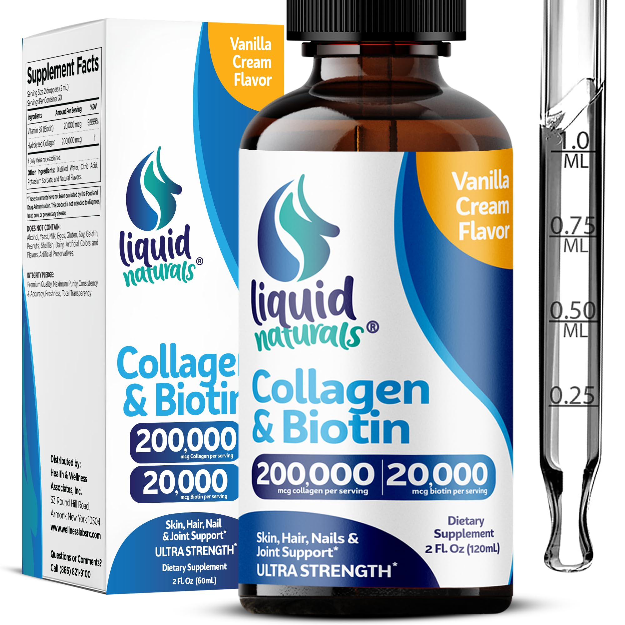 Liquid Collagen and Biotin, 2 Fl. Oz, Ultra-Strength Collagen Supplements for Women, Third-Party Tested Biotin for Hair Growth Women, Nails, and Skin Vitamins B7 Collageno Peptides – Vanilla Flavor