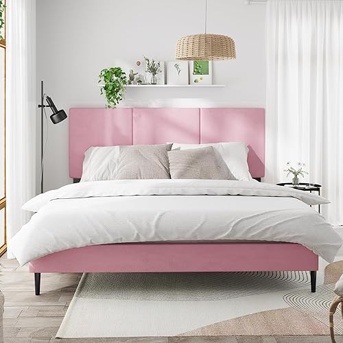 Miniatura 18 de Base de cama de tamaño matrimonial con cabecera tapizada, listones de madera resistentes, no requiere somier, silencioso, fácil montaje, color negro