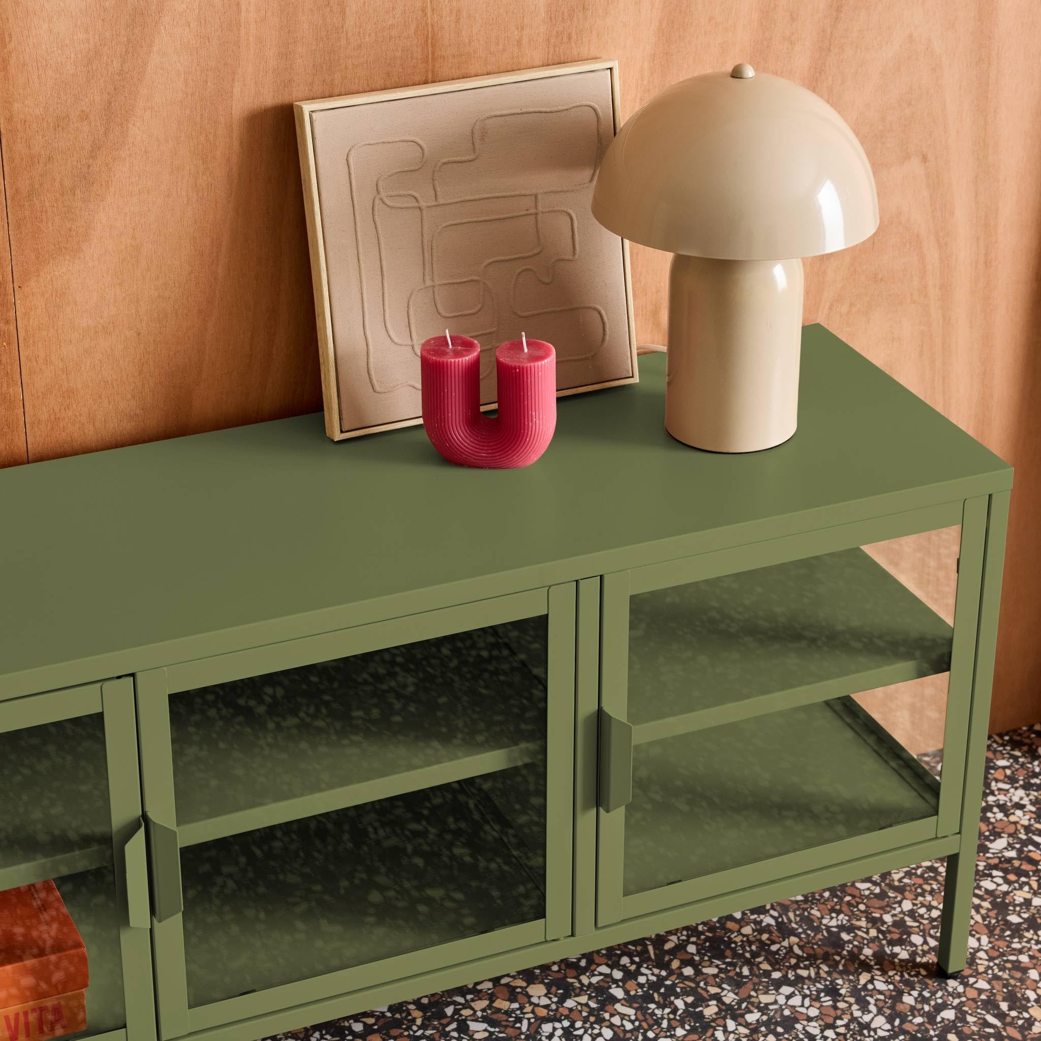 Alice's Garden sweeek-Mueble de TV Industrial de Metal y Vidrio Templado con 3 Puertas, 120cm Verde - 120x35x55 cm | Arkansas