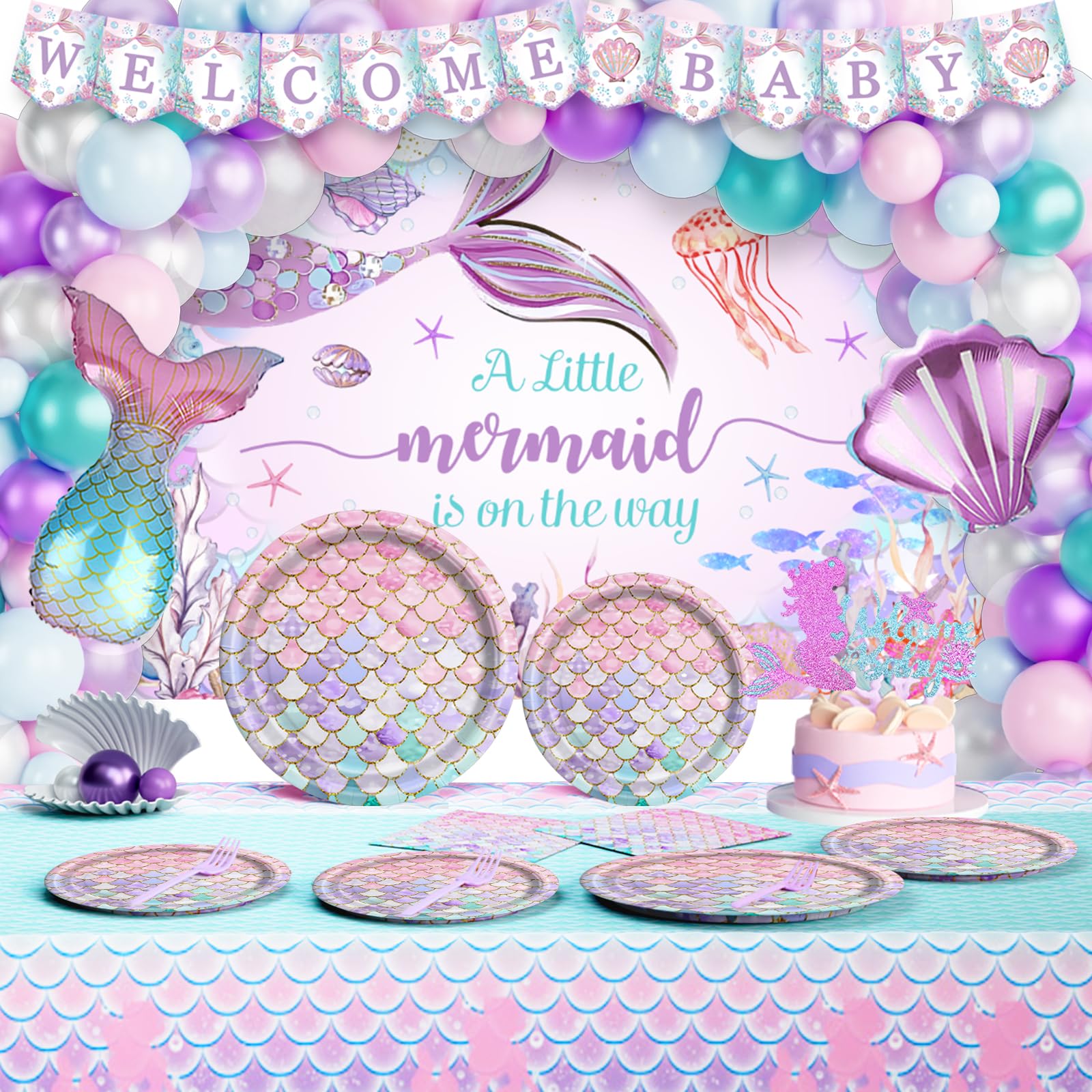 Party Inspo Mermaid Baby Shower Decorations for Girls, Our Little Mermaid Is On The Way Backdrop Balloon Its a Girl Banner Tablecloth Cake Cupcake