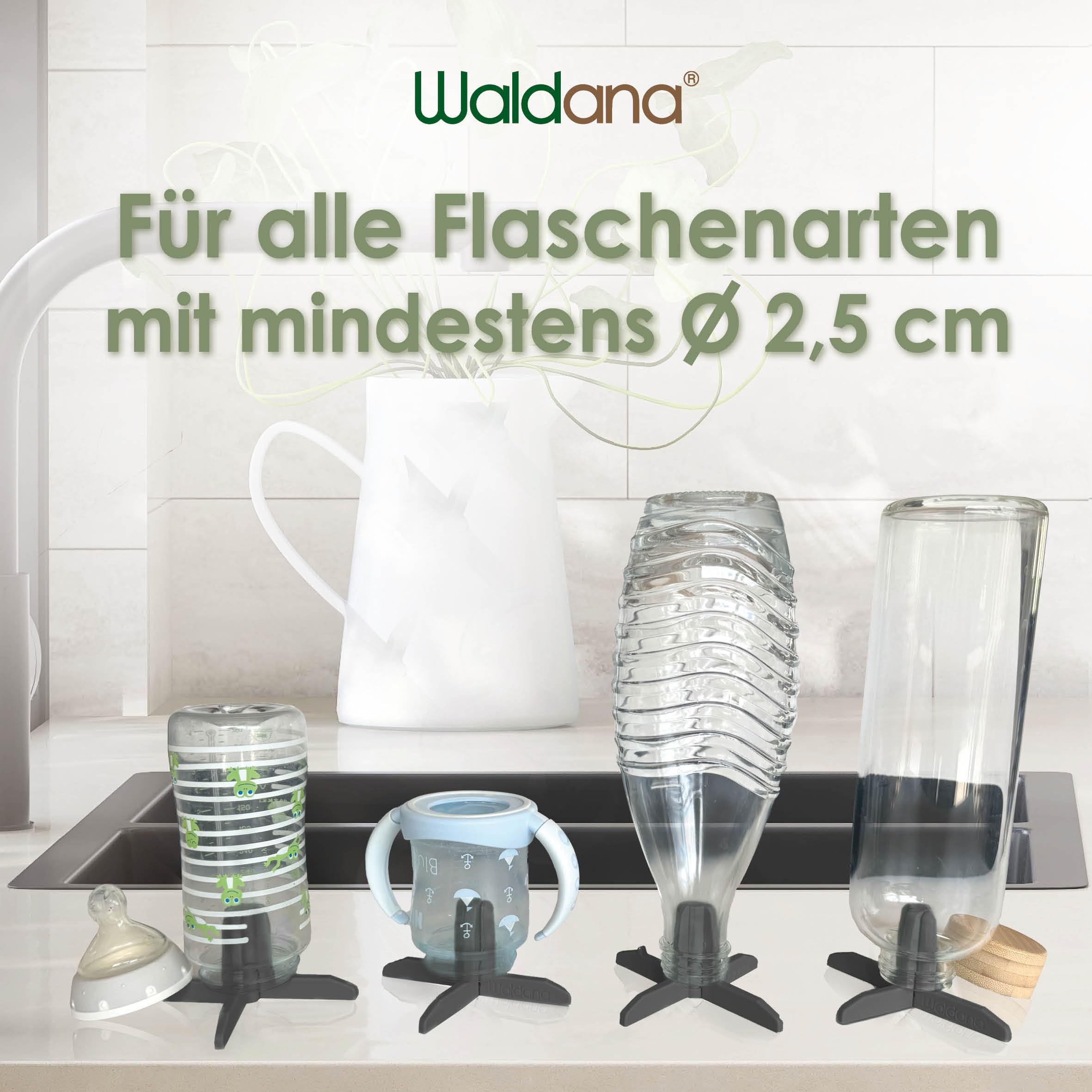 Waldana Drying Rack for Bottles (Pack of 4) Suitable for SodaStream Glass Carafe I Registered Design I Organic Plastic I Drinking Bottle Baby Bottle Dry Stand Frame (Anthracite) - Image 2