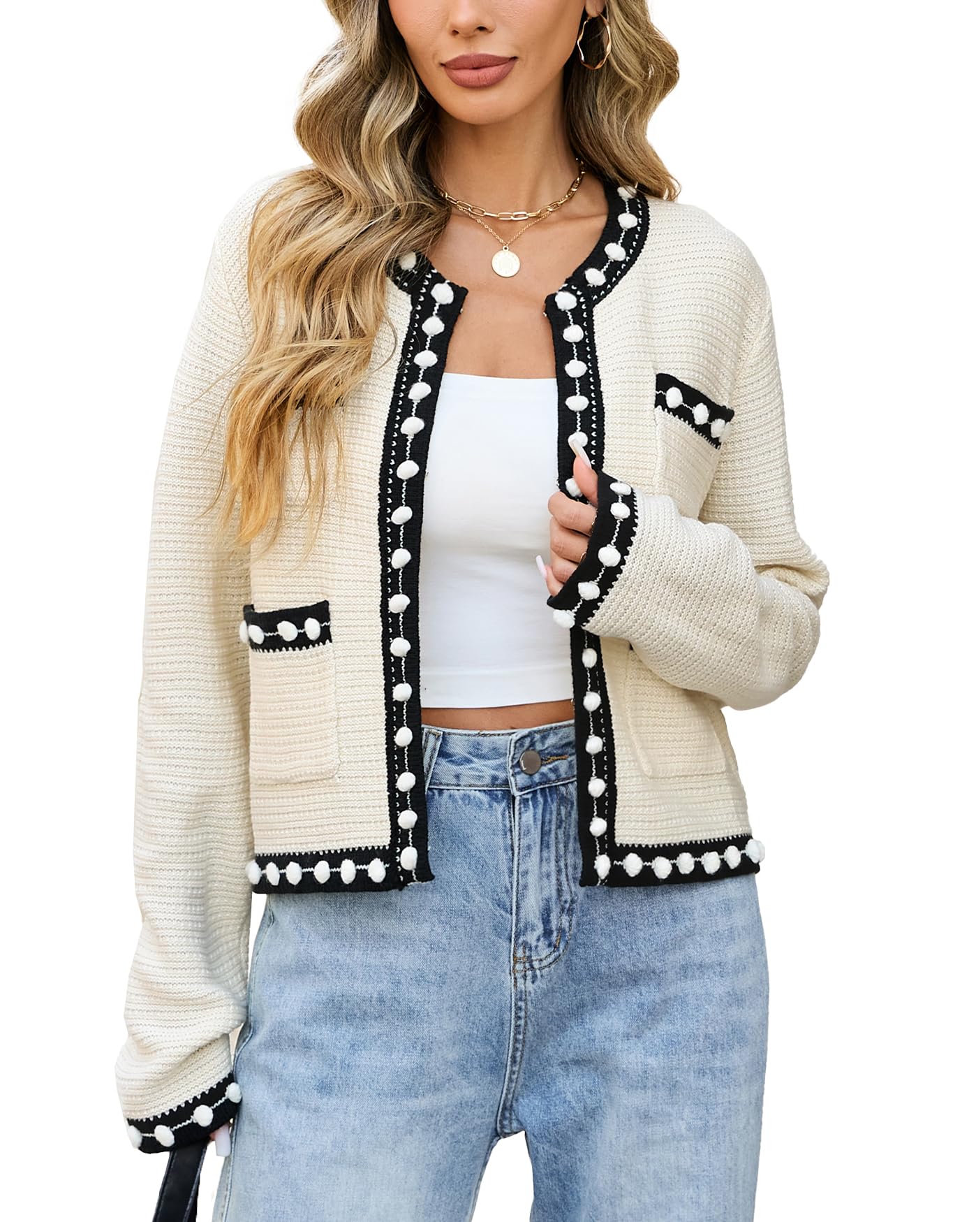 Womens Color Block Cardigan Open Front Jackie O Sweater Casual Long Sleeve Button Down Chunky Knit Outerwear Coats