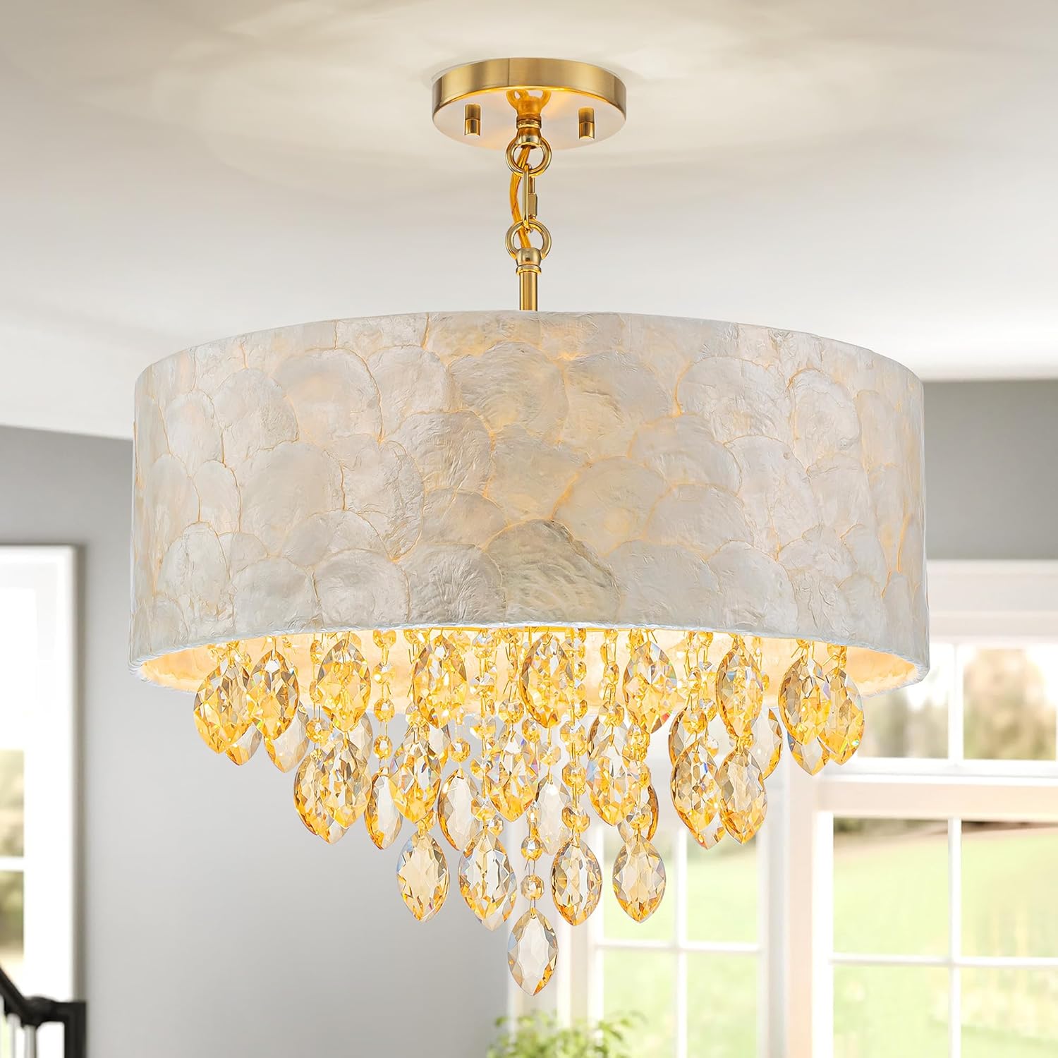 4-Light Drum Capiz Shell Crystal Chandelier, Coastal Style Pendant Light Fixture for Dining Room, Living Room, D18 x H21~68 inch (Adjustable), Champagne Crystal & Gold Finish Champagne & Gold Large Chandelier