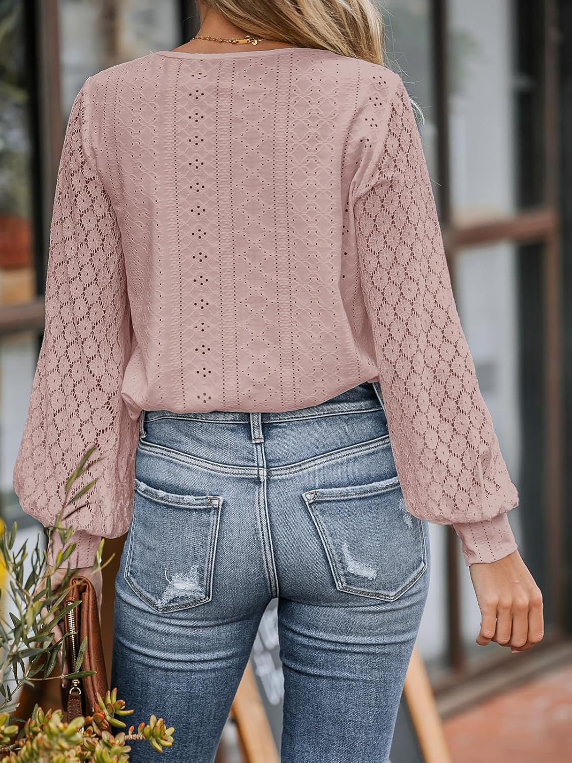 CUPSHE Long Sleeve Tops for Women Eyelet Scalloped Lace V Neck Blouse Casual Loose Fashion Shirts - Image 4