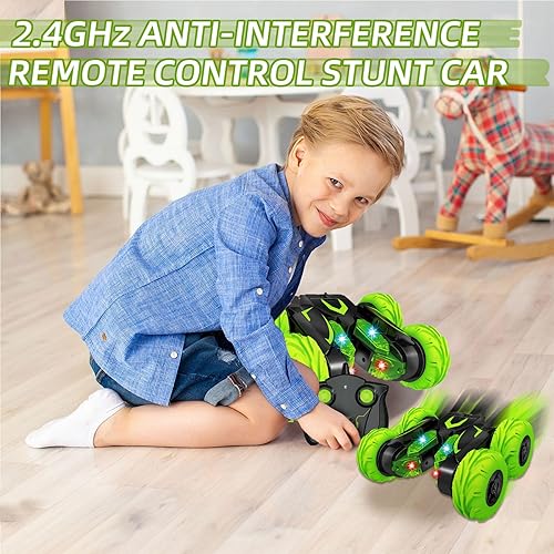 Miniatura 6 de Eulogia Autos de control remoto para niños de 5 a 12 años, auto de acrobacias RC con faros LED, rotación de 360, conducción de doble cara, autos de