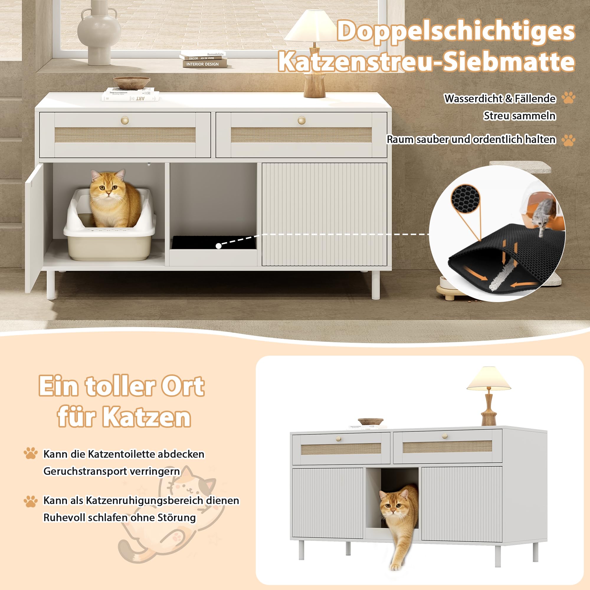 Katzentoilettenschrank mit Katzenstreufangmatte, Katzenstreuschrank, Haustierschrank mit Rattanschublade, Haustier-Sideboard/TV-Schrank, ohne Katzenstreu-Box, Weiß, 120x50x65 cm