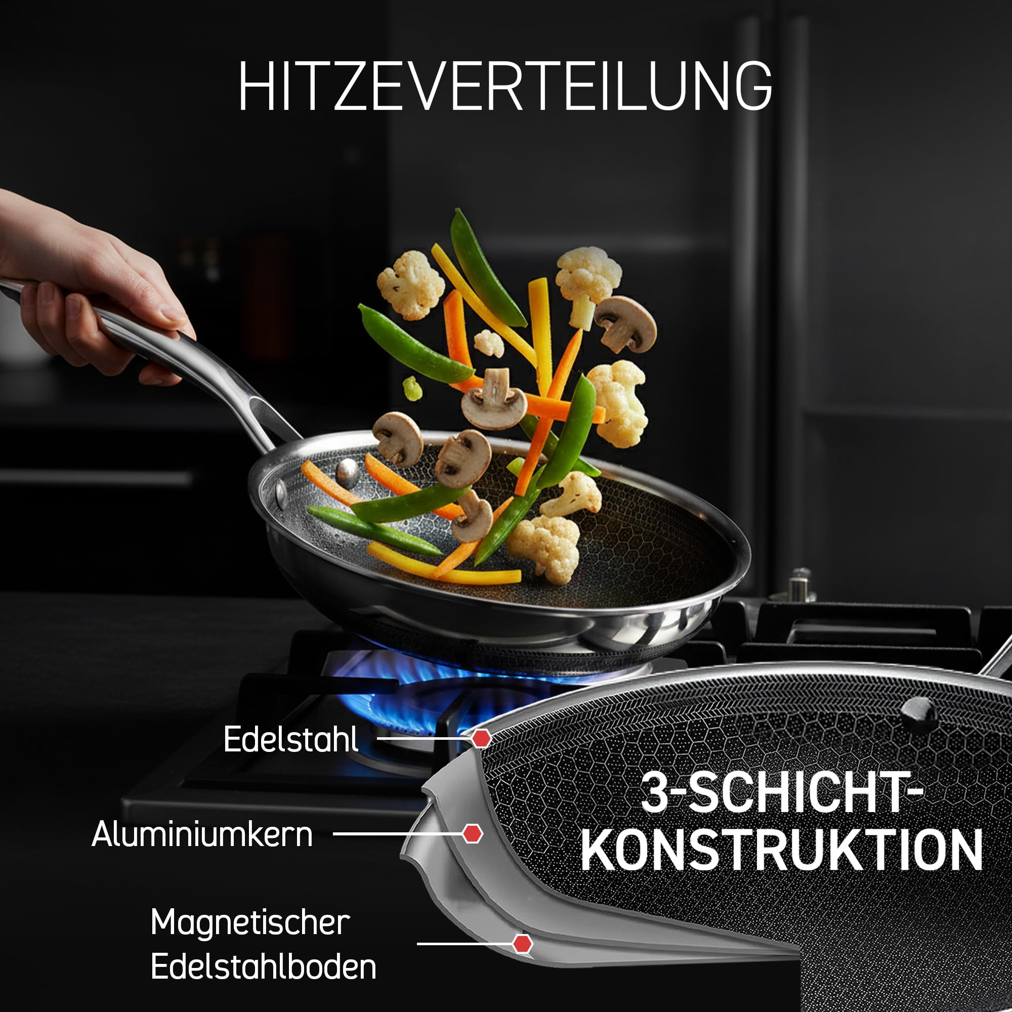 HexClad Hybrid-Wok, Ø 30 cm – Antihaftbeschichtete Wokpfanne mit Stay-Cool-Griff – Edelstahl Wok für alle Herdarten, auch Induktion – Wok Pfanne PFOA-frei*, backofen- und spülmaschinenfest