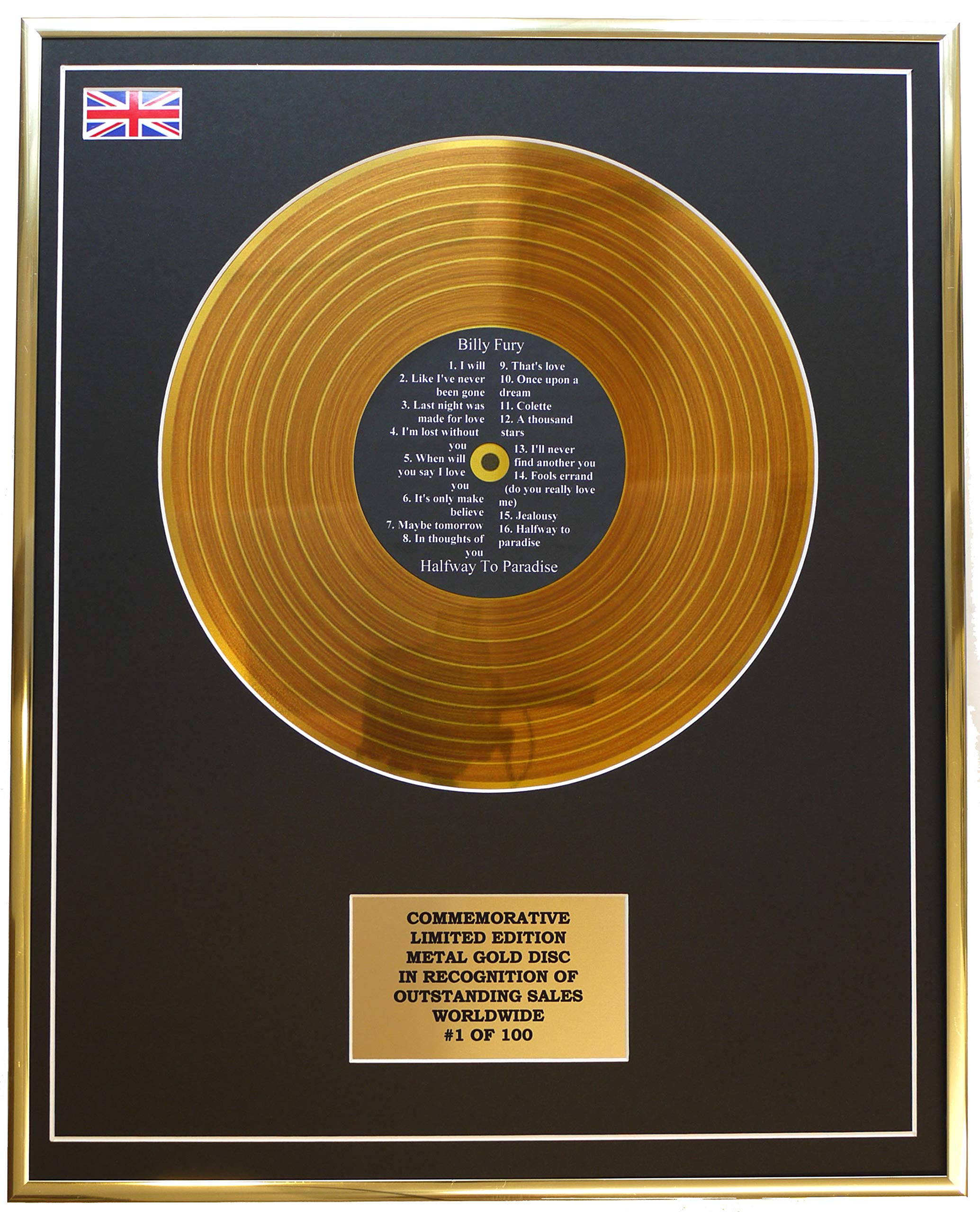 Limited Edition Metal Gold Disc Gold Billy Fury - Halfway To Paradise Metal Record Display Commemorative Ltd Edition