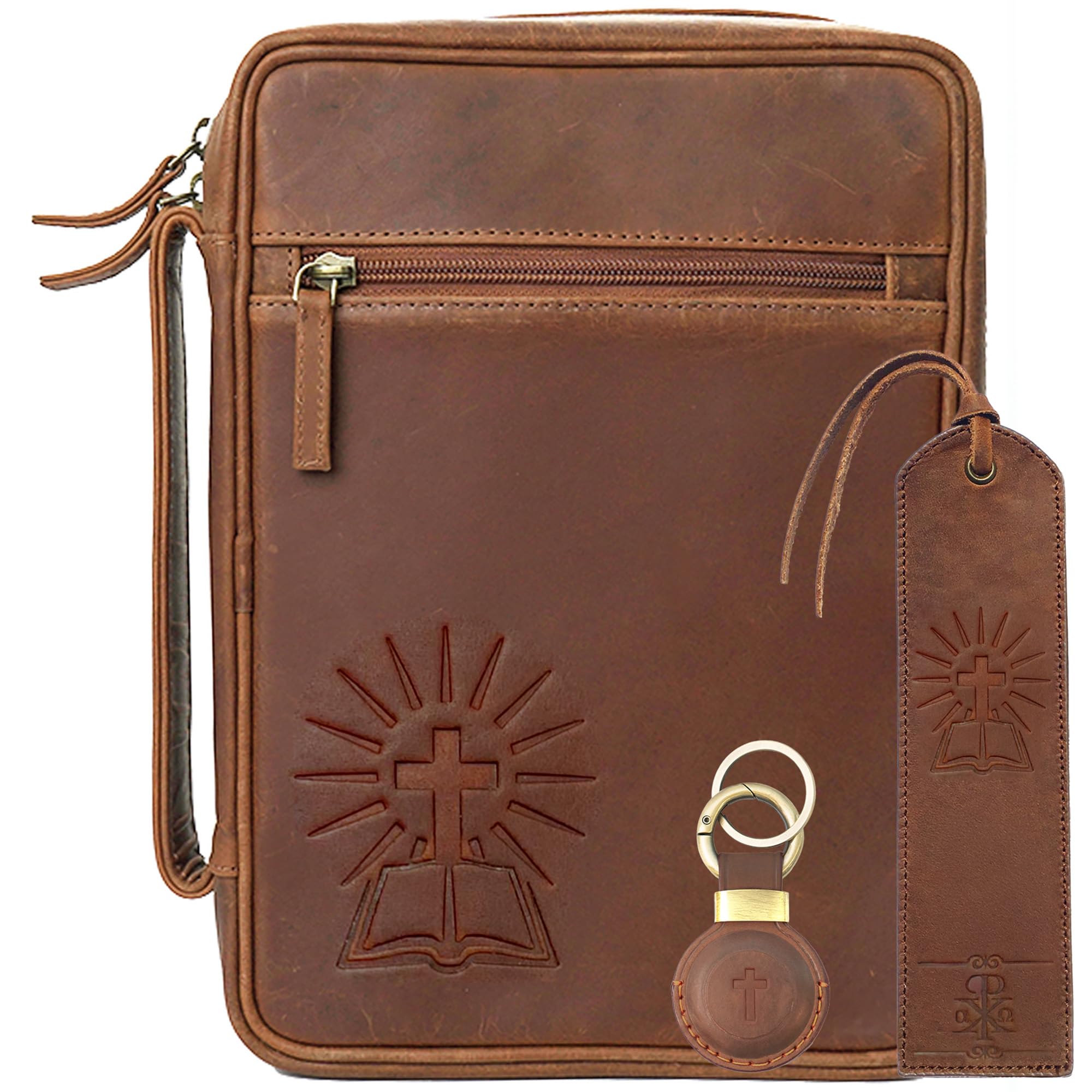 Sovereign-Gear Funda grande de cuero para la Biblia con cruz, piel de búfalo auténtica para hombres y mujeres, con asa, cremallera, bolsillos, bolsa de iglesia más marcapáginas y soporte compatible