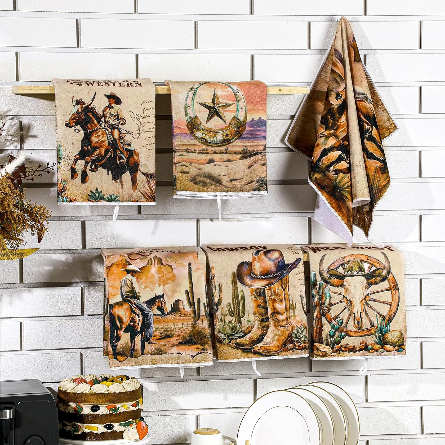 Sunnyray 6 Pcs Kitchen Towels Dish Cloths Nature Modern Absorbent Hand Tea Wash Cloth with Hanging Loop for Bathroom Home Farmhouse Kitchen Gifts(Vintage,Horse) - Image 7