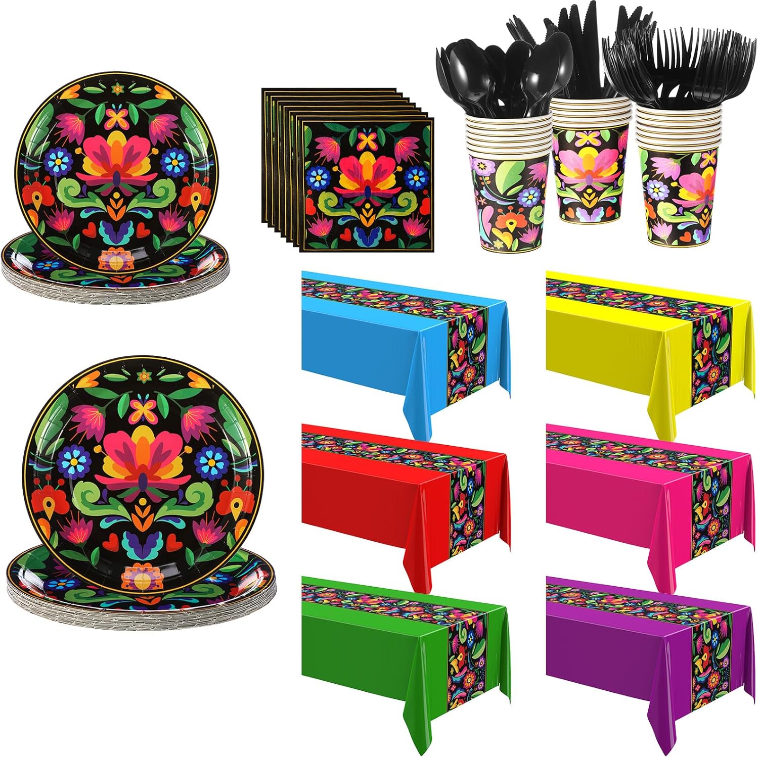 342‬ Pcs Mexican Party Decorations Fiesta Themed Tablecloth Dessert Plate Napkin Forks Cups Mexican Disposable Dinnerware Party Supplies for Dia De Los Muertos Taco Carnival Festivals