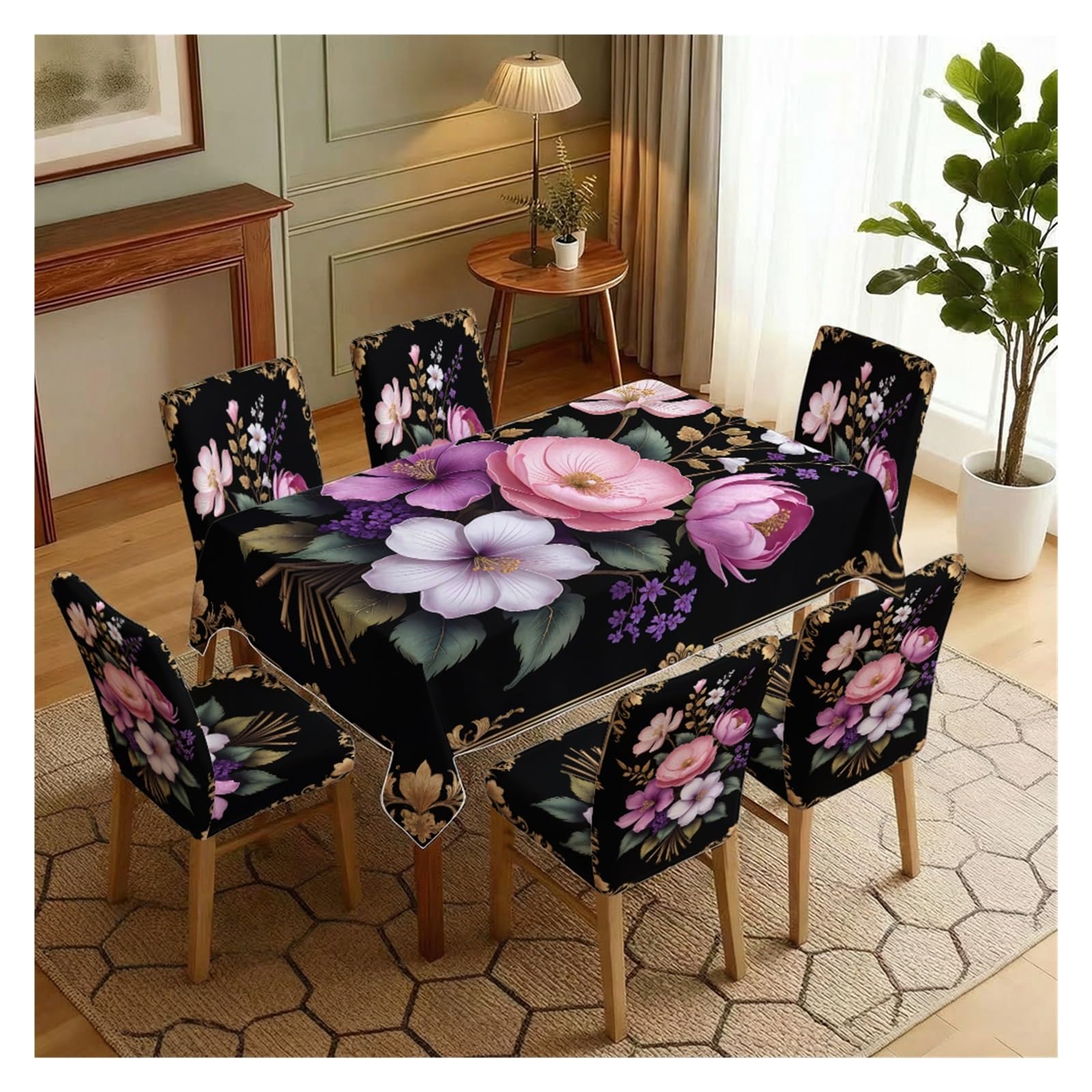KXUAUV Ornate Pink Floral Print Stretch Dining Chair Covers & Tablecloth Set, 5/7 Pack Party Decor(7pcs Set: Tablecloth+Chair Covers)