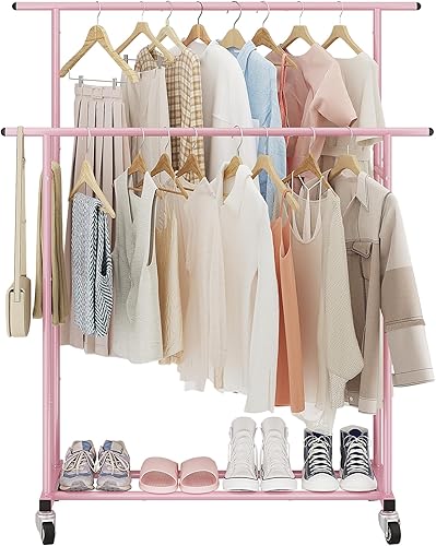 Miniatura 2 de Calmootey Perchero de ropa de doble barra, organizador de ropa portátil para dormitorio, sala de estar, tienda de ropa, rosa