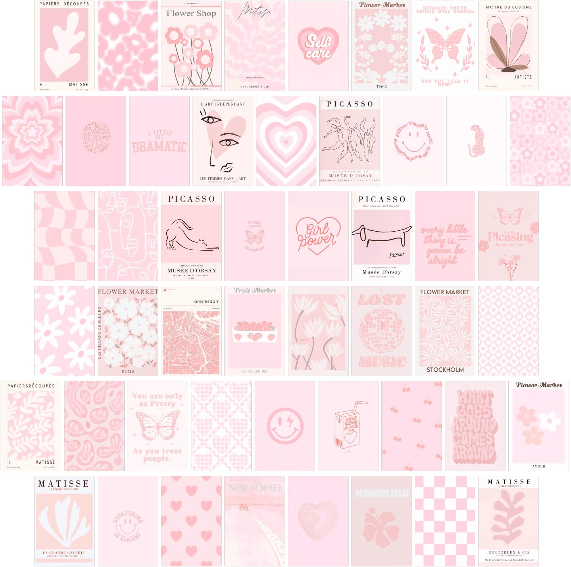 Pink Wall Collage Kit - Aesthetic Posters, Dorm Room Decor for Teen Girl (50pcs 4x6 inch)