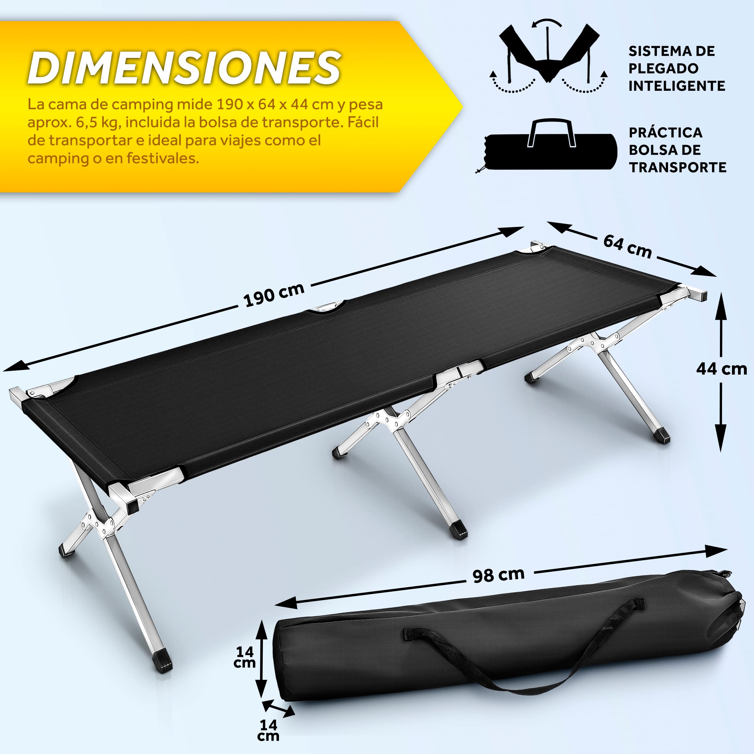 TRESKO Cama Plegable de Camping XL | Camilla para Acampar | catre portátil para Invitados | Tumbona para Exterior e Interior | soporta hasta 150 kg, Bolsa de Transporte