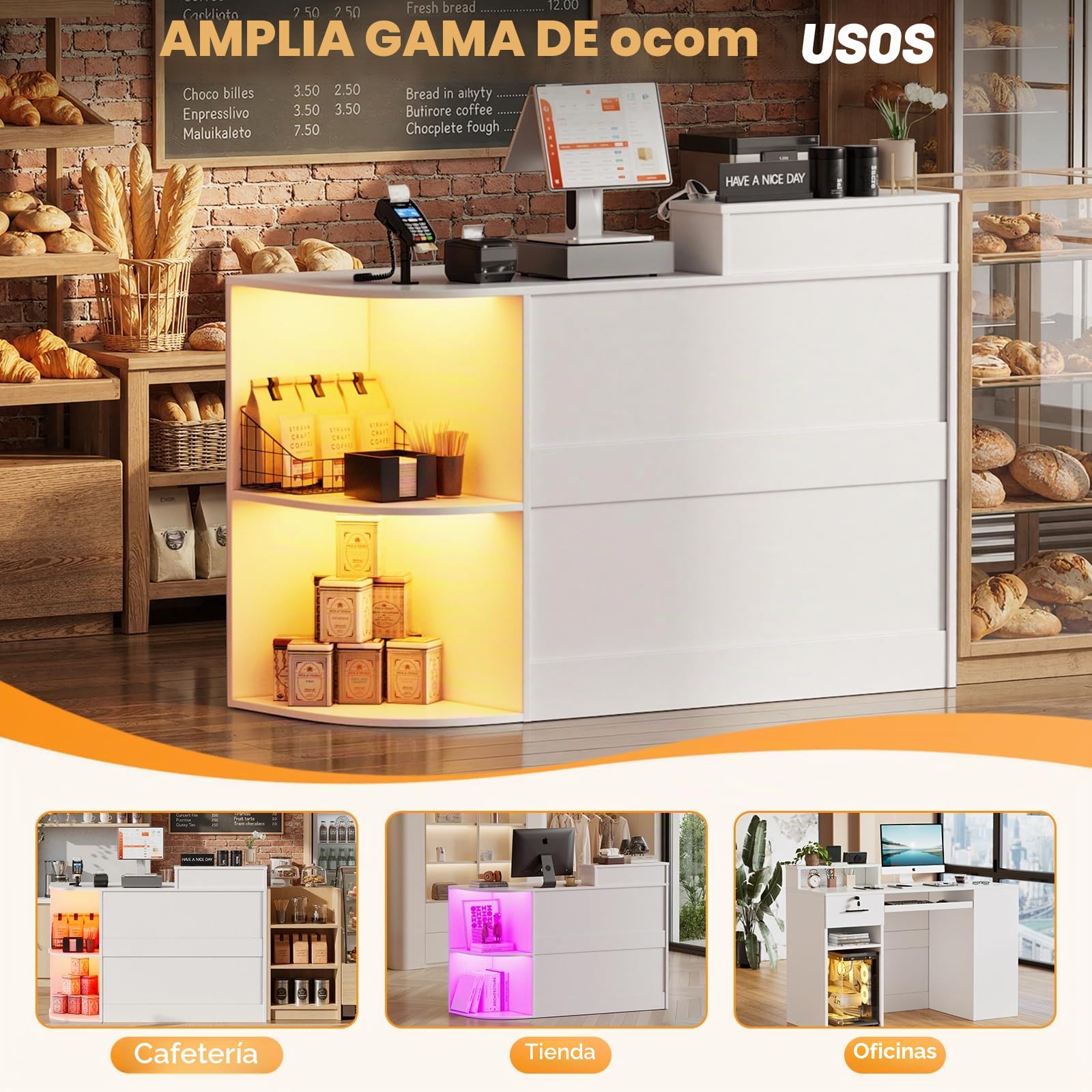 Mesita de recepción con iluminación LED, mostrador de recepción con cajones con cerradura, estante de exposición y bandeja para teclado, mesa de recepción moderna para salón, tienda, hotel, oficina