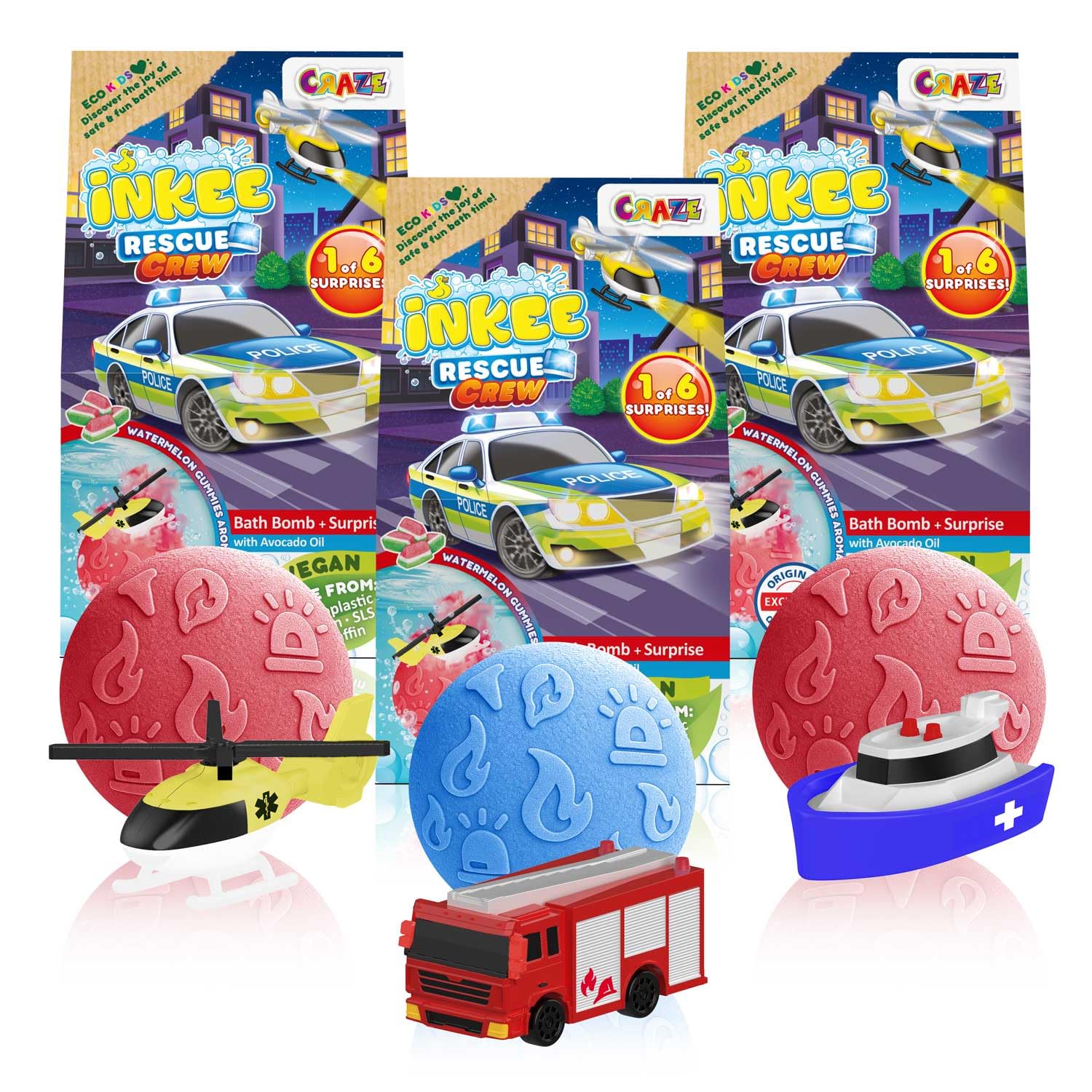 INKEE Surprise Bath Bomb Rescue Crew – 100g Watermelon Scented Bath Bomb Toy with Monster Truck Inside – Red or Blue Foam – Kids Bath Bombs Sensitive Skin – Fun Bath Toys