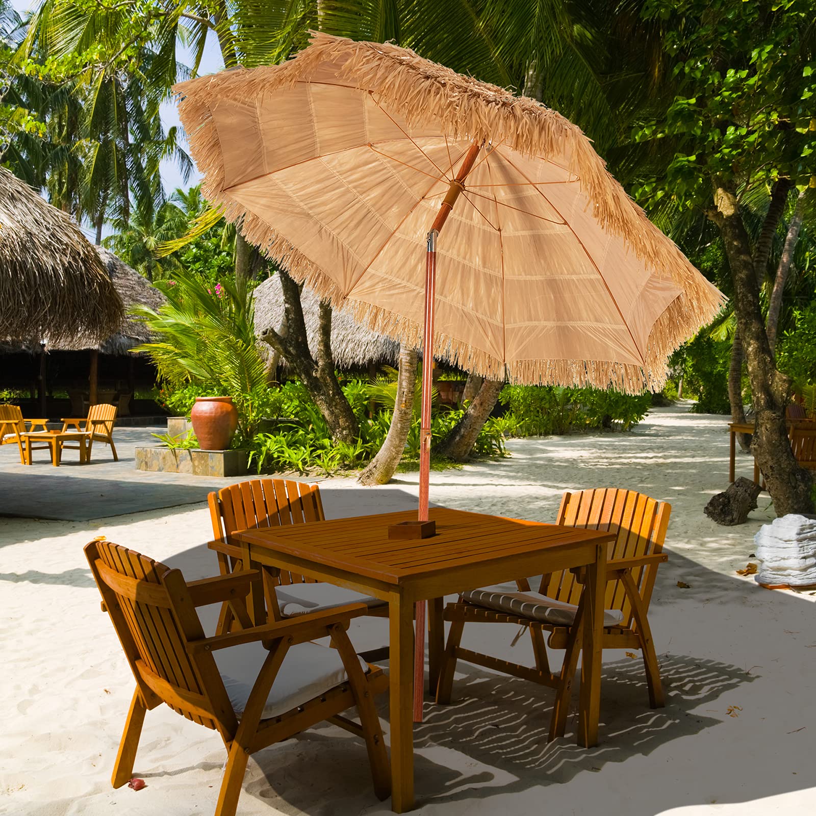 GOPLUS 2M Sombrilla Paja de PP con Flecos, Parasol Hawaiana Inclinable de Terraza Exeterior con 8 Varillas, Bolsa de Transporte, Protección Solar para Jardin, Balcón, sin Base(Natural, 200cm)
