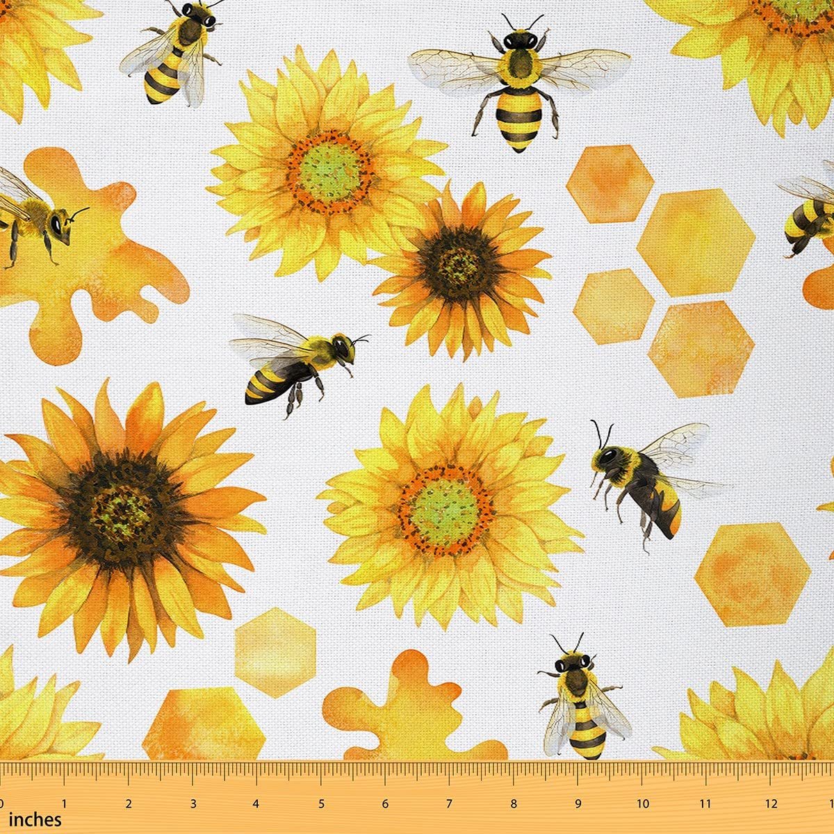 Yellow Sunflowers Fabric by The Yard Watercolor Honeycomb Cute Wild Bee Fabric for Sewing Lovers Retro Outdoor Flowers Rustic Style Fabric for Room Decor and DIY Upholstery 2 Yards