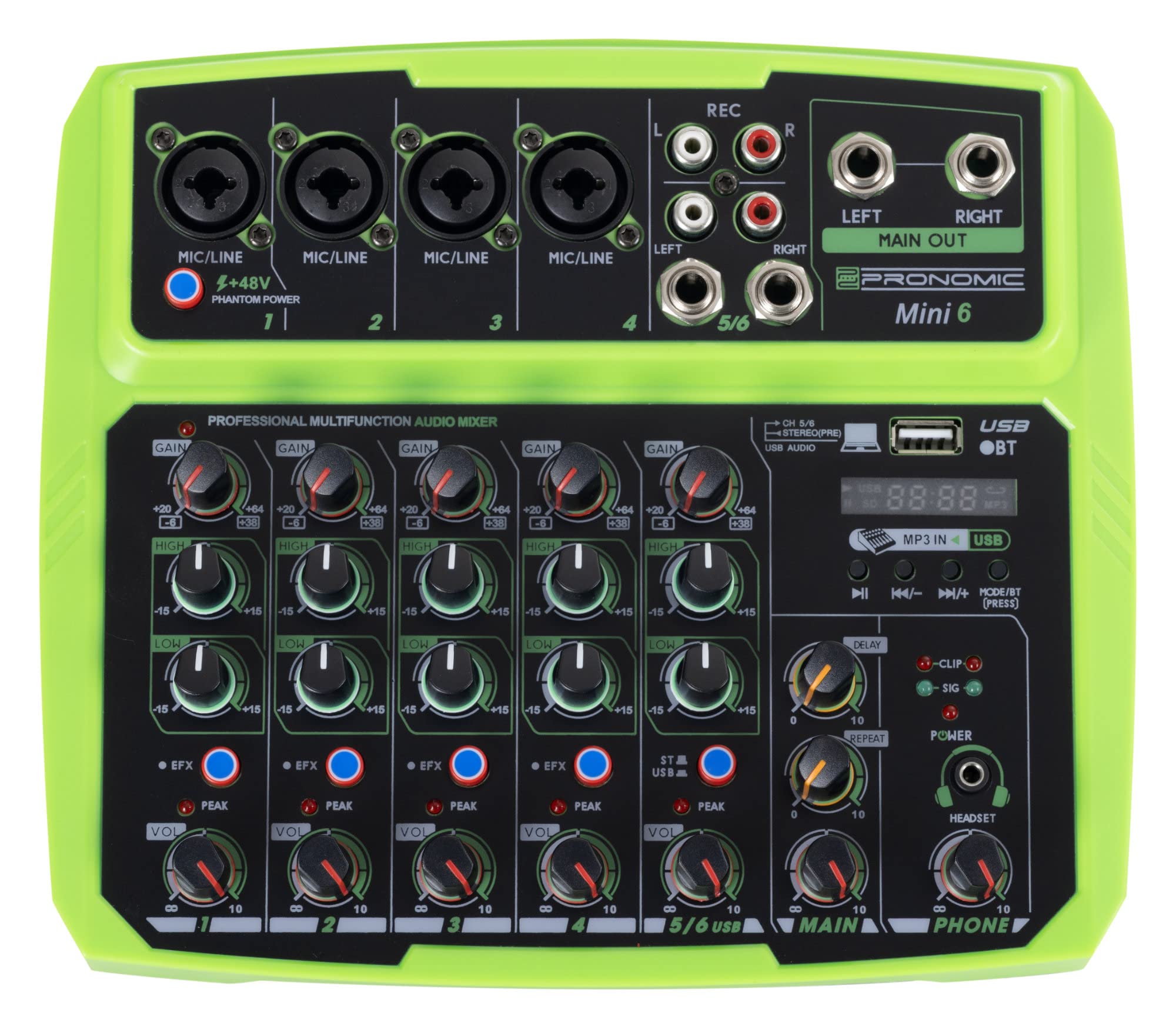 Pronomic Mini6 6-Channel Mixer with Multimedia Player - USB Powered, 4 Combo Jacks, Stereo Input, Bluetooth®, Audio Interface - Green