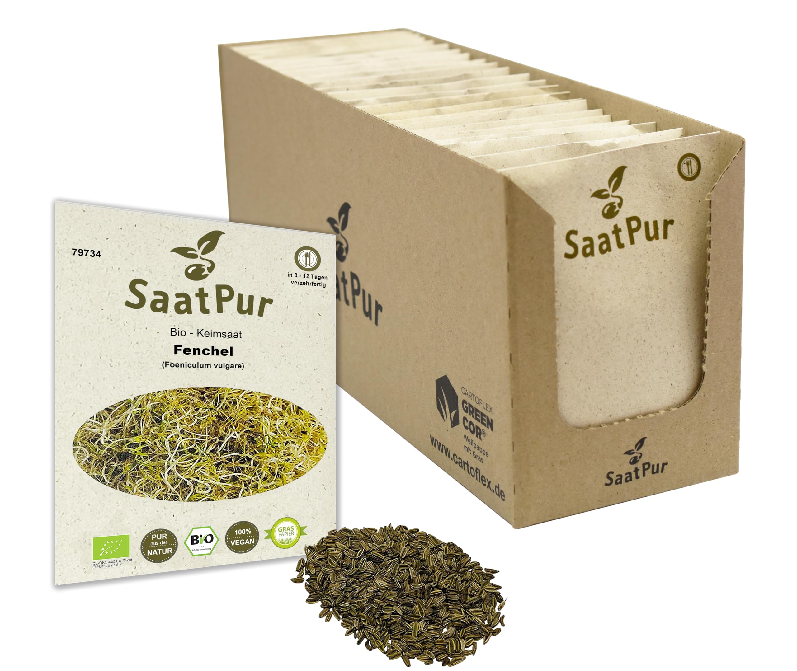 Fenchel Sprossen BIO Keimsprossen von SaatPur - Keimsaat Microgreen - Großes Tray mit 70 Portionstüten je 10g