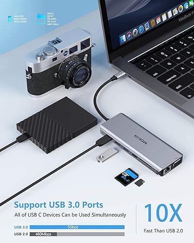 Miniatura 8 de Monitor dual con estación de acoplamiento portátil 14 en 1 USB tipo C Hub adaptador multipuerto dongle con 2 HDMI VGA 5 USB SDTF audio para laptops