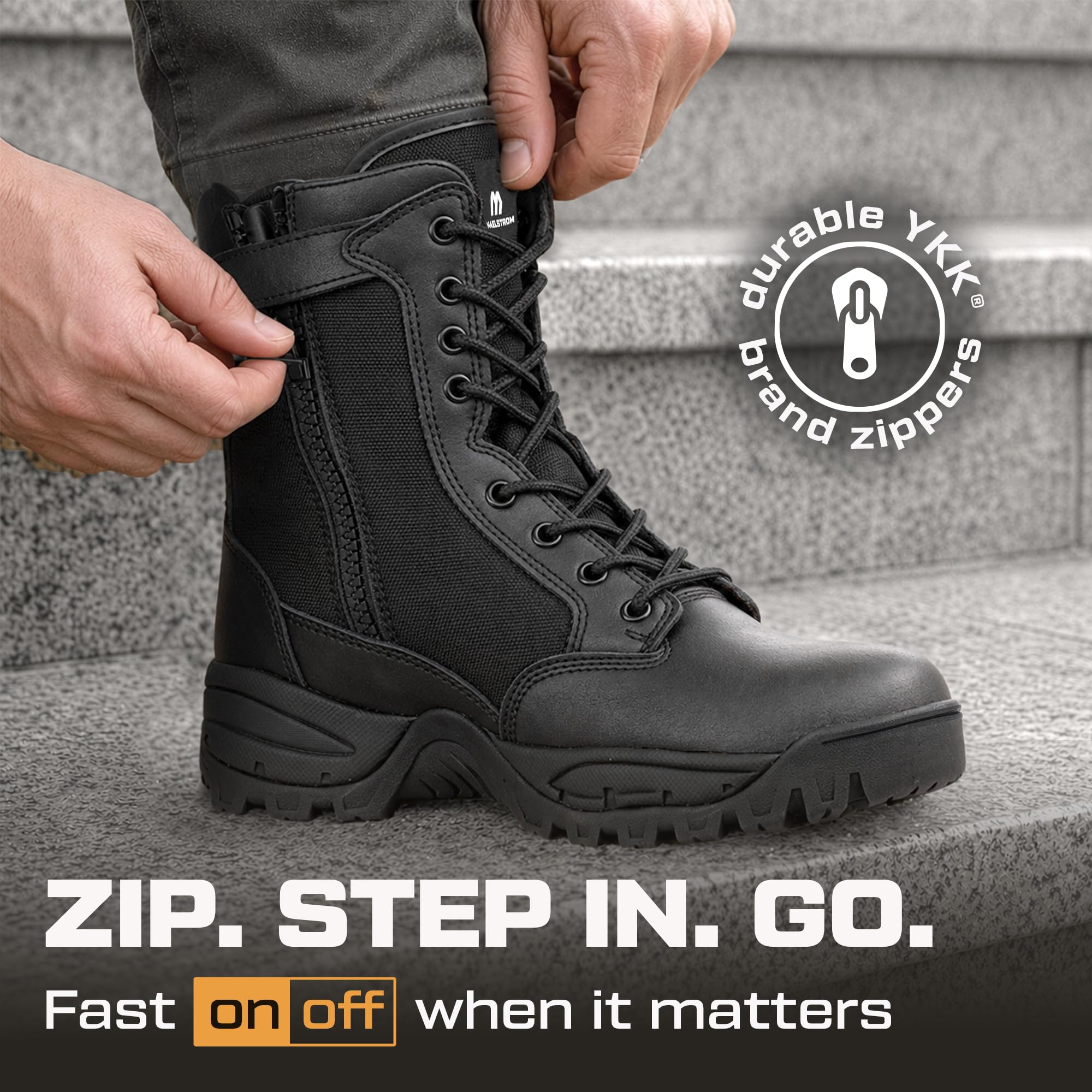 Maelstrom Taktische Militärstiefel für Herren, mit seitlichem Reißverschluss, bequem, leicht, langlebig für Arbeit und Outdoor, schwarz, wasserdicht, Größe 43