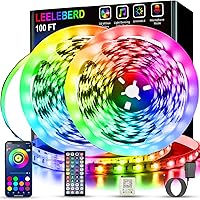 Leeleberd 100ft LED Strip Lights for Bedroom - Music Sync RGB Color Changing, App & Remote Control, 2x50ft Rolls for Room Party Decor