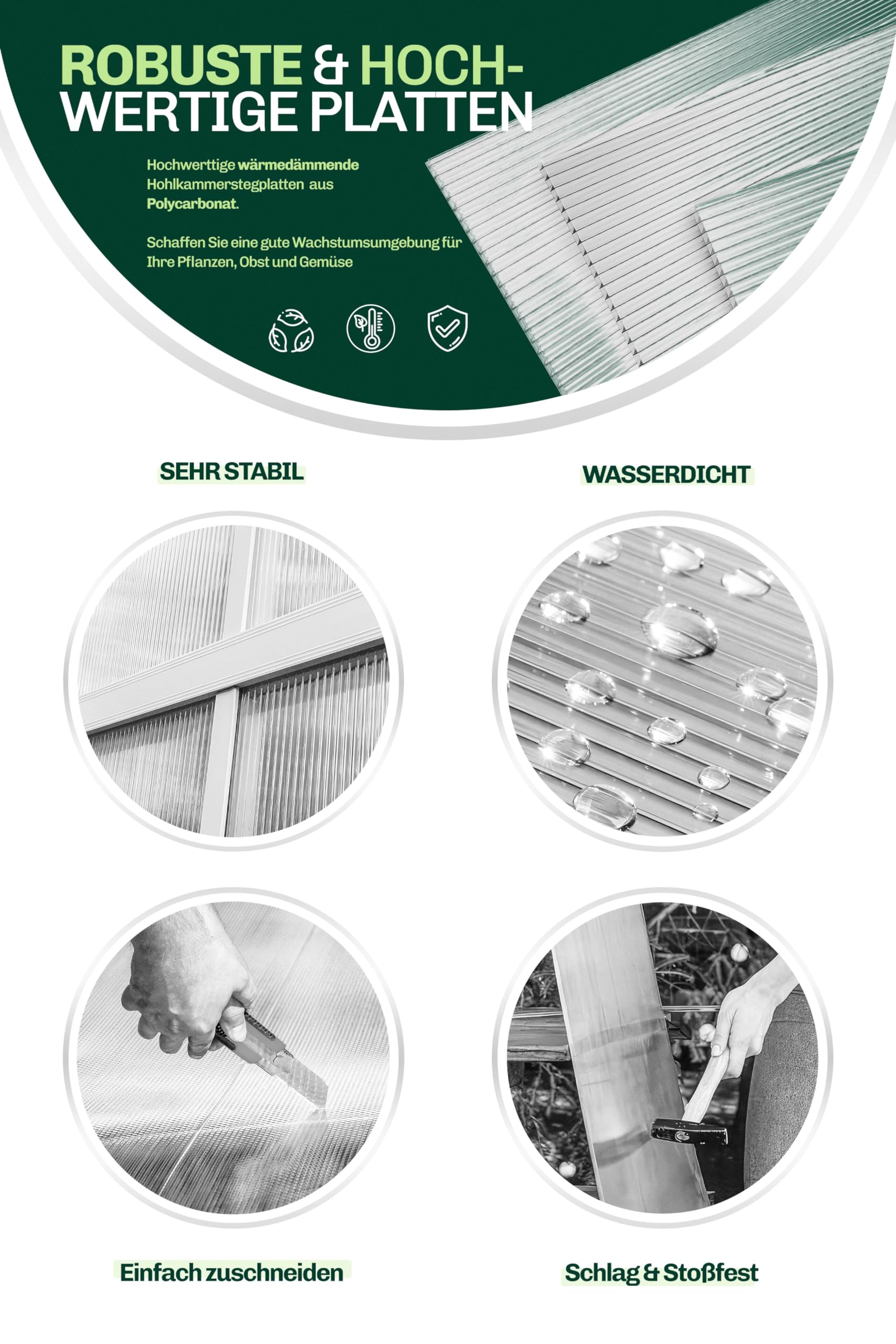 Set 4X Hohlkammerplatten für Gewächshaus 60,5 x 121 cm - Polycarbonatplatten, Kunststoffplatten 4mm, Wetterfeste Gewächshausplatten, Polycarbonat Stegplatten, Transparent & UV-beständige
