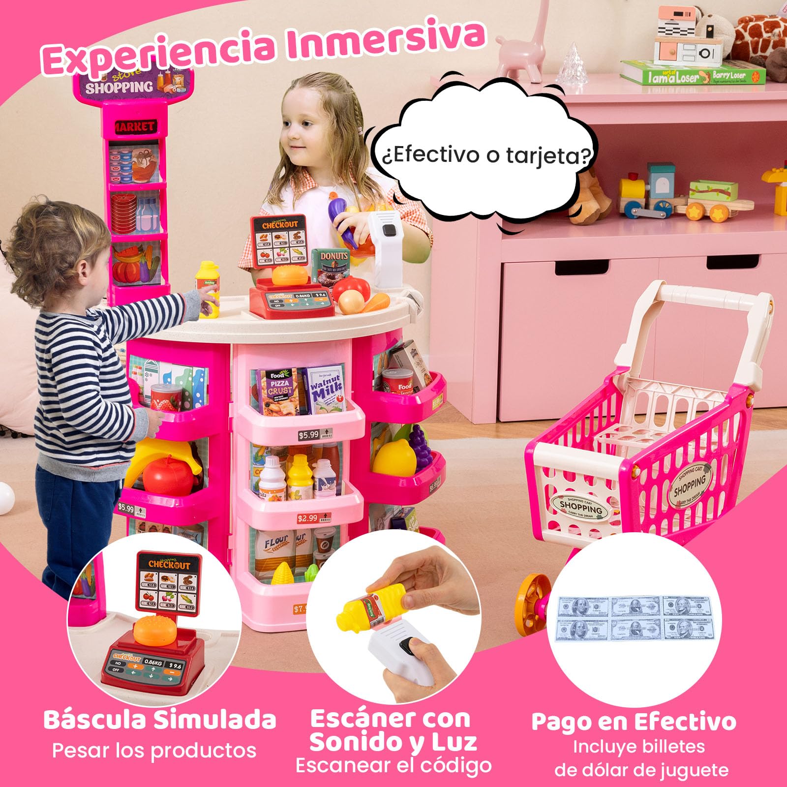 GOPLUS Supermercado para Niños con Mostrador, Carrito de Compras y Cesta, Balanza Simulada, Caja Registradora con Luz y Sonido, Supermercado de Juguete con 76 Accesorios para 3+ Años (Rosa)
