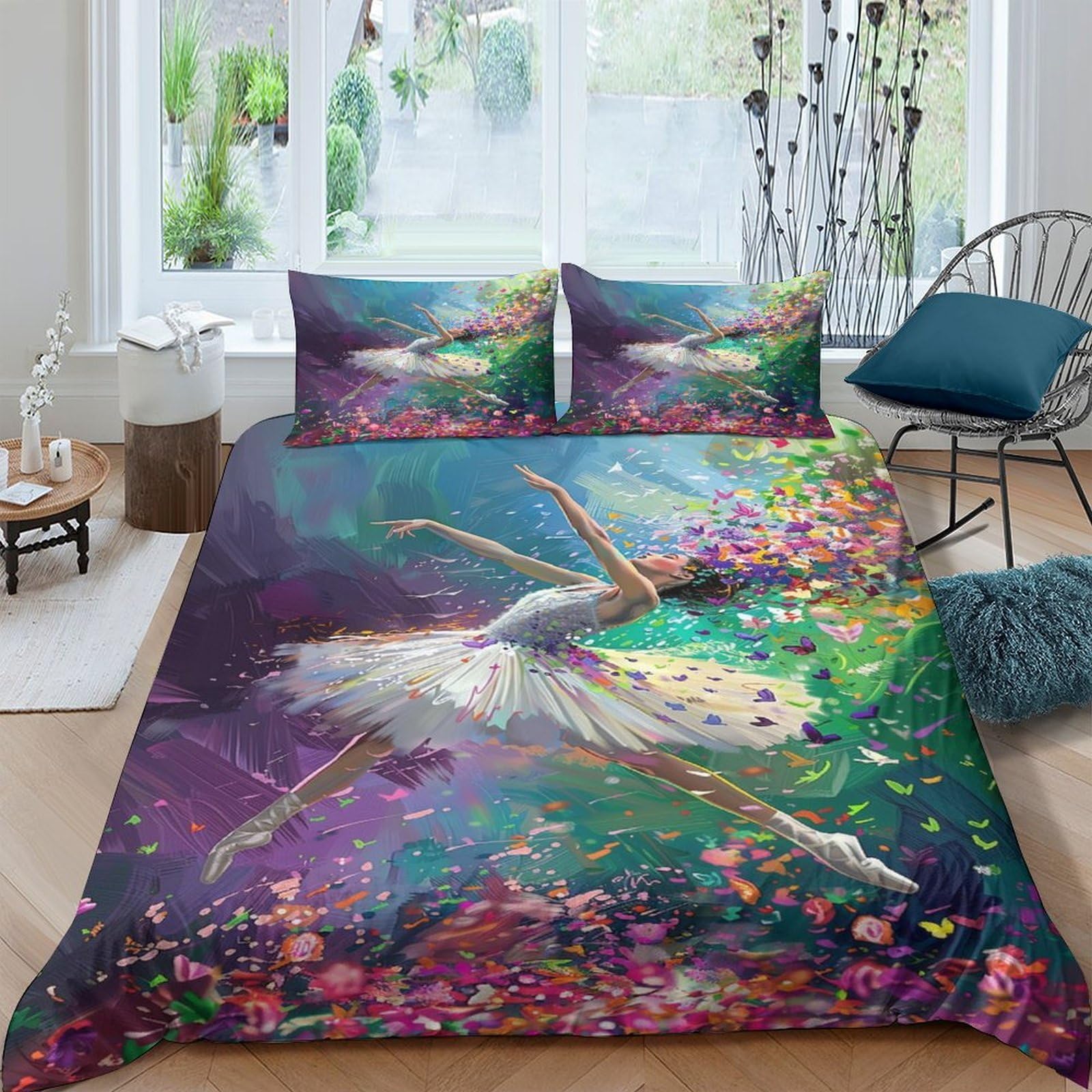 Ctjqhvkz Style-8 3D Printed Ballet Dancer Fitted Sheet Microfiber Artistic Floral Bed Cover Colorful Bedroom Dorm Decor Mattress Protection Single（135X200cm）