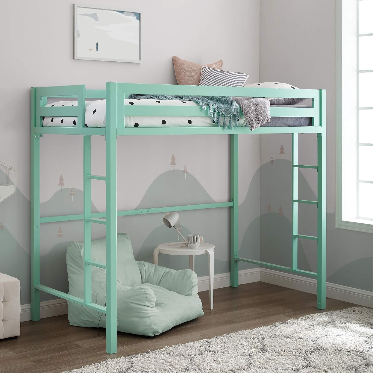 Best Cyber Deals 🔥 Walker Edison Brighton Classic Metal Twin over Loft Bunk Bed, Twin Size, Mint Green