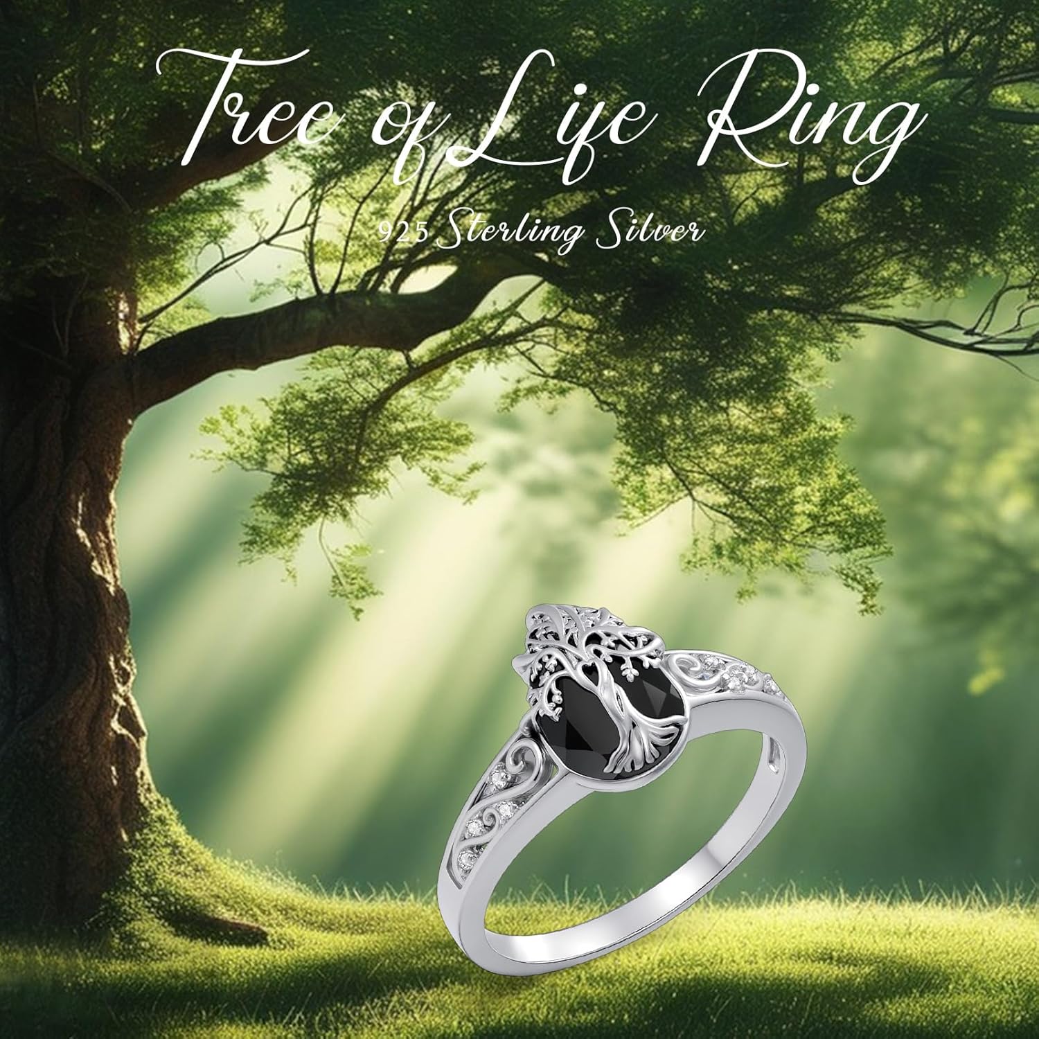 Black Tourmaline Ring 925 Sterling Silver Tree of Life Ringe Vintage Black Ring Crystal Healing Jewelry Christmas Birthday Gifts for Women Mother Sisters Wife(Size 8) - Image 5