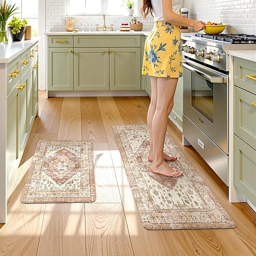 Vista 342 de KIMODE - Juego de 2 tapetes de cocina bohemios, antifatiga, antideslizantes, impermeables, ergonómicos, acolchados, cómodos, para lavandería, Caqui