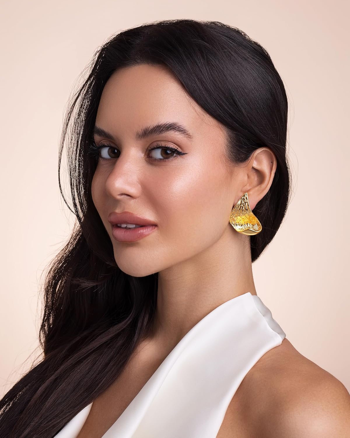 SNGIA18K Gold Plated Dangle Textured Ribbed Irregular Large Leaf Statement Earrings for Women by SNGIA, Handmade Dramatic Geometric Trendy Summer Drop Leaf Flower Jewelry Gifts, Bold Beachy Vintage Plant Fashion Drop Accessories, Vintage Nickle Free Floral Dangling Earrings. - Image 2