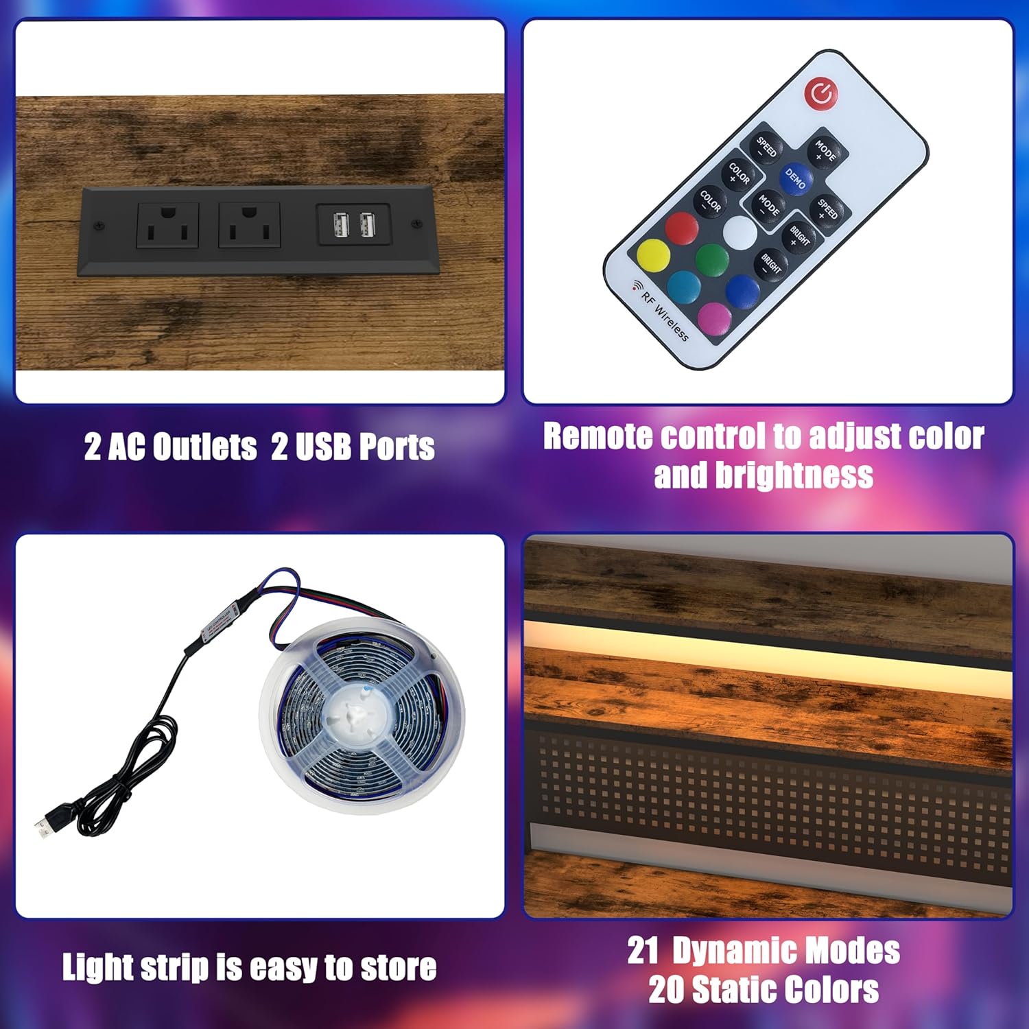 WiberWi L Shaped Desk, Office Computer Corner Desk, 67” Home Gaming Table with Power Outlet & LED Light, Writing Study Workstation with Shelves & Pegboard Organizer for Home Office,Rustic Brown