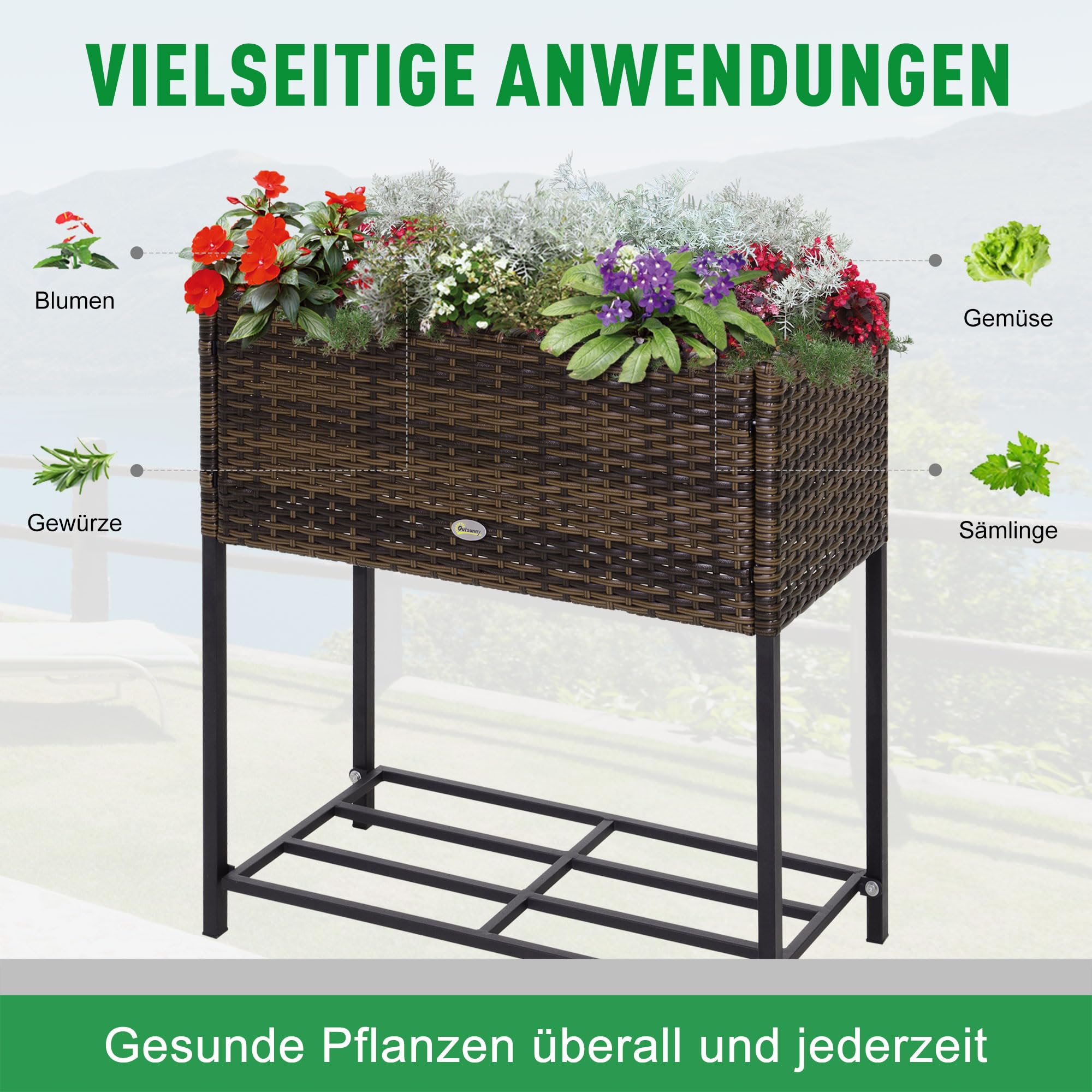 Outsunny Poly Rattan Hochbeet Blumenkasten mit Füßen Braun 70 x 30 x 70 cm