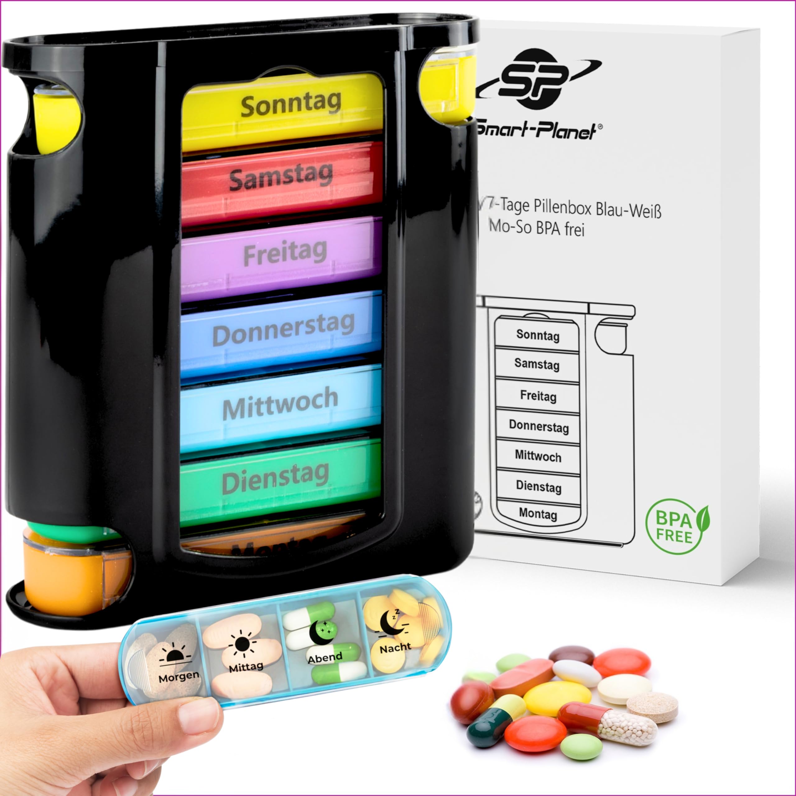 Tablettenenbox 7 Tage 4 Fächer Pillendose BPA frei - Pillenbox Supplements | Hochwertige Pillendose 7 Tage Medikamentenbox Tabletten