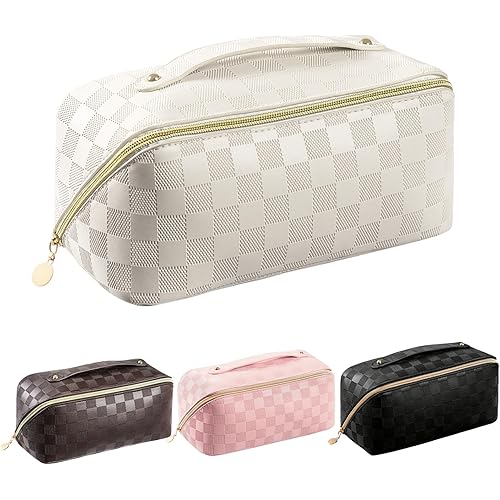 Makeup Bag - Large Capacity Travel Cosmetic Bag for Women, Multifunctional Open Flat Toiletry Bag with Handle, Washable Waterproof Beauty Zipper Makeup Organizer PU Leather, White