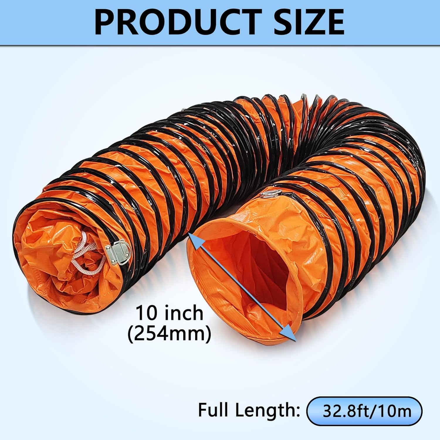 10Inch × 32FT PVC Duct Hose Protable HVAC Duct Hosing for Utility Blower Fan Flexible Duct Hosing with D-Ring & Ajustable Rope