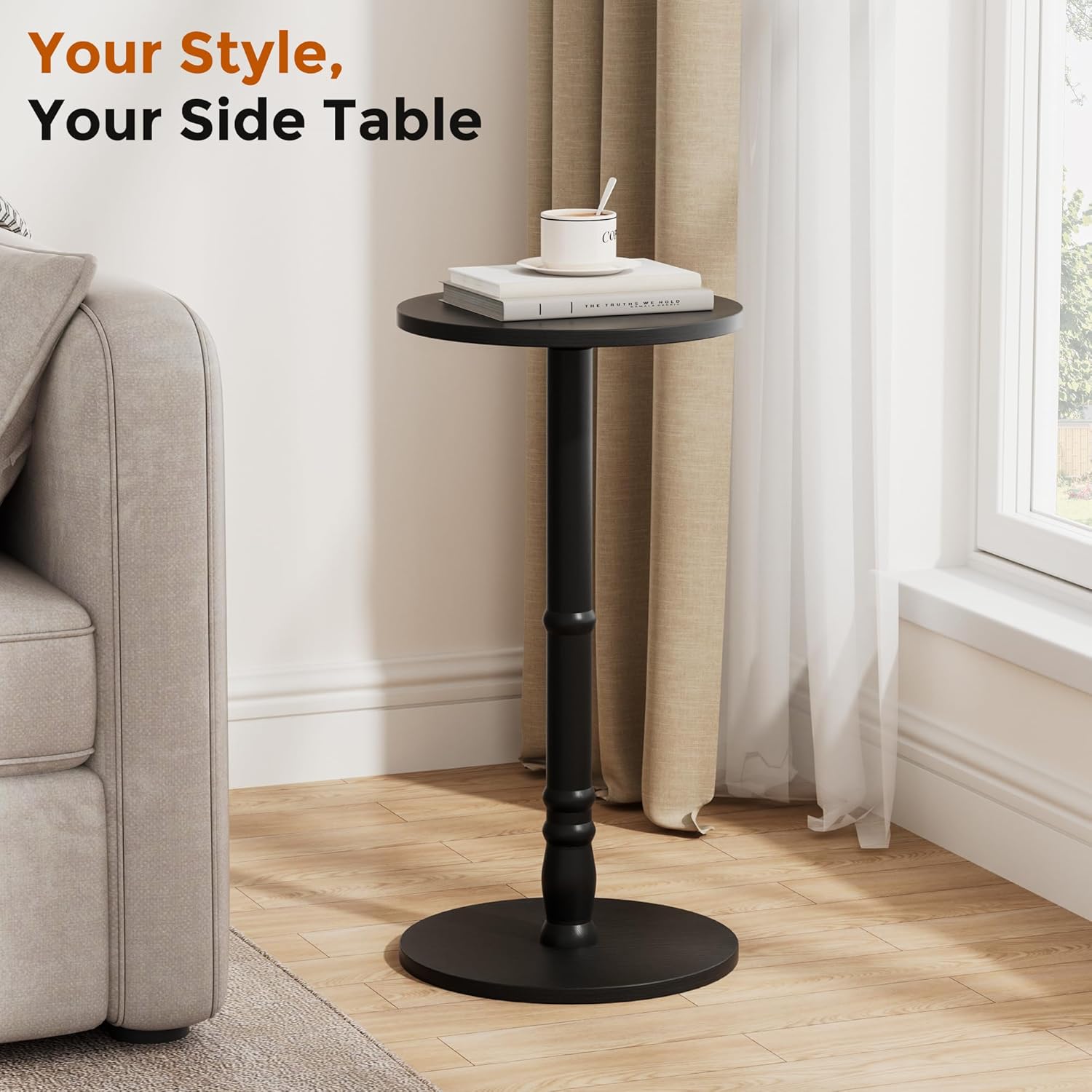 Homleke 12" Round Side Tables Set of 2, Solid Wood Pillar with Wood Top & Base, Small Drink Accent Table for Living Room, Bedroom, Sofa & Office, Easy Assembly, Black