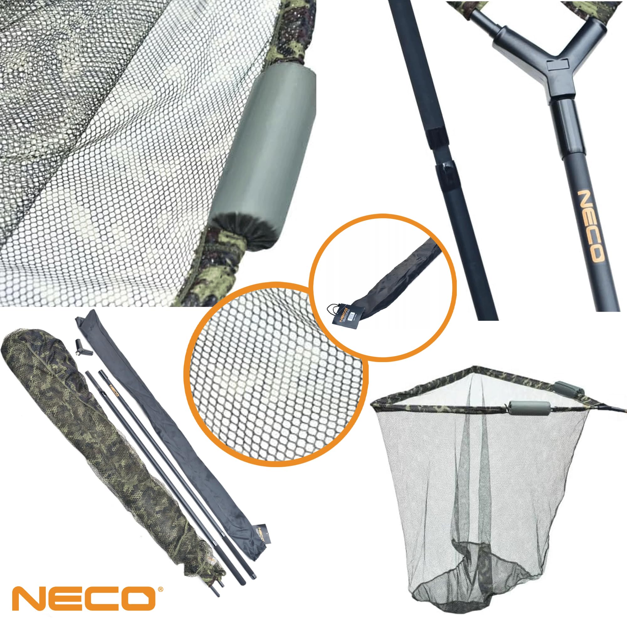 NECO Épuisette à Carpe 100x100 cm avec Flotteurs - Grand Filet Pliable et Léger avec Étui, Panier Profond pour la Pêche aux Poissons et Carpes (70202)