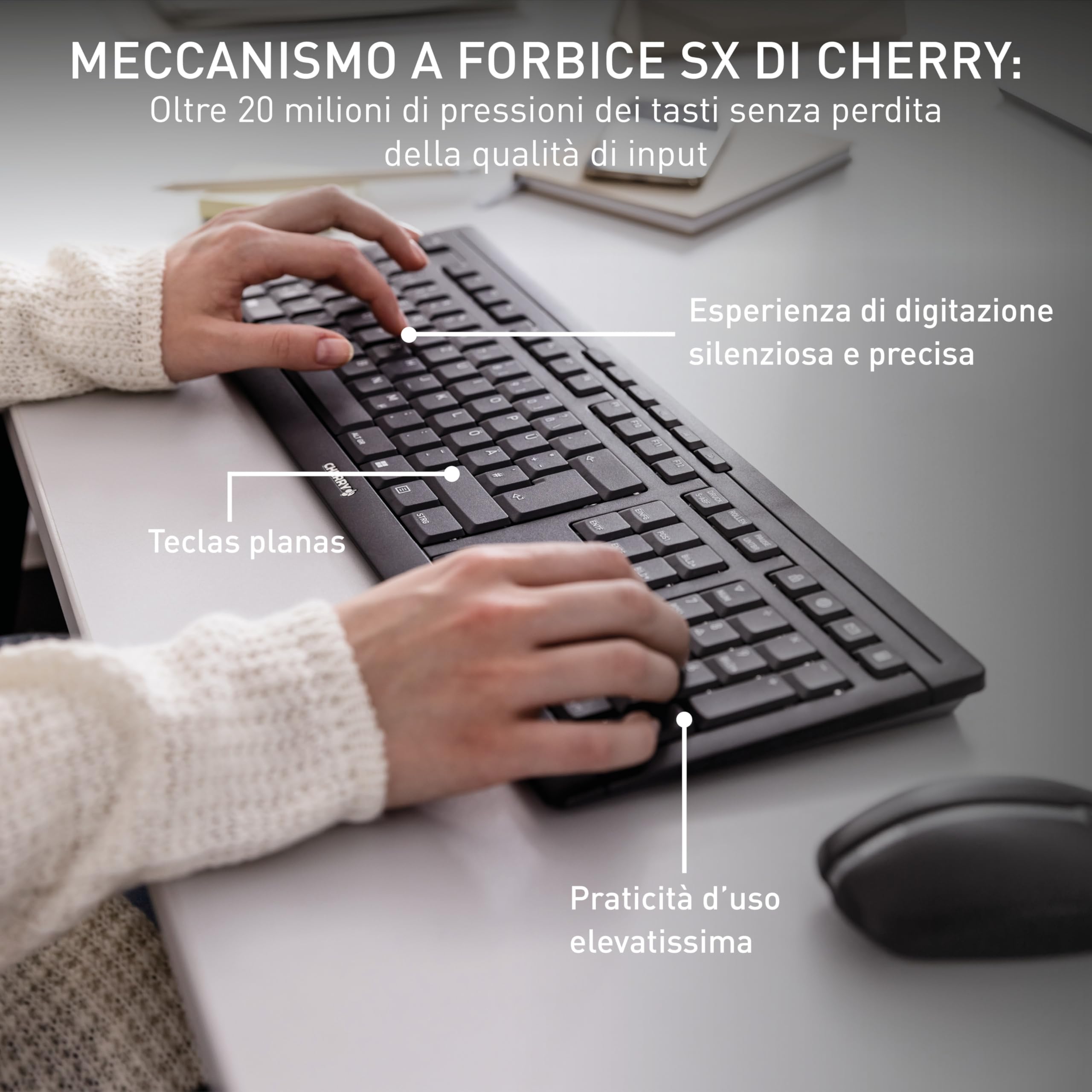 CHERRY STREAM DESKTOP, Set di Tastiera e Mouse Senza Fili, Layout per la Germania (QWERTZ), Wireless 2,4 GHz, Battitura Silenziosa dei Tasti, Alimentazione a Batteria, Bianco-Grigio
