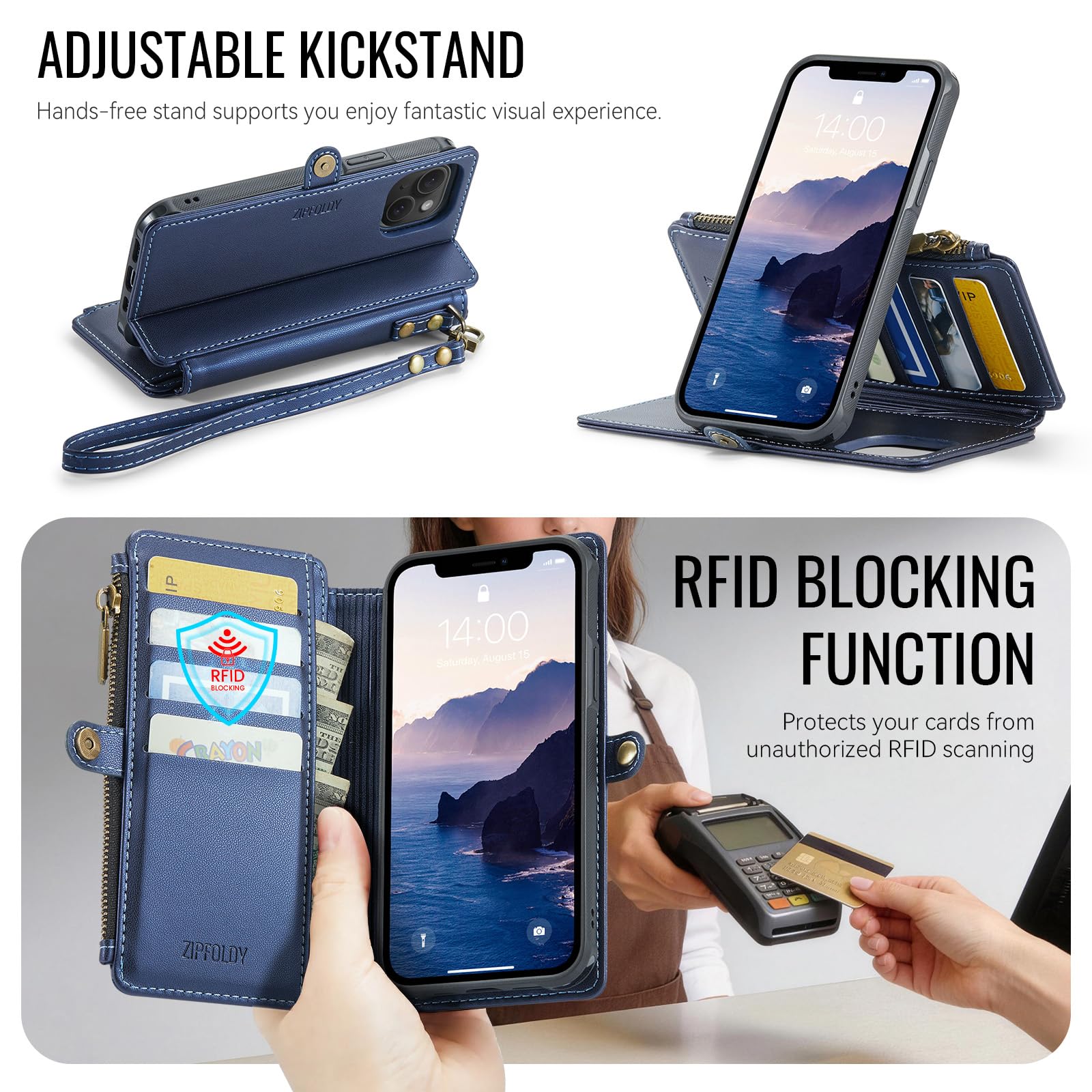 per iPhone 14 - Custodia a portafoglio magnetica staccabile, blu | Compatibile con Magsafe, porta carte di credito con blocco RFID, tasca con cerniera, cinturino da polso